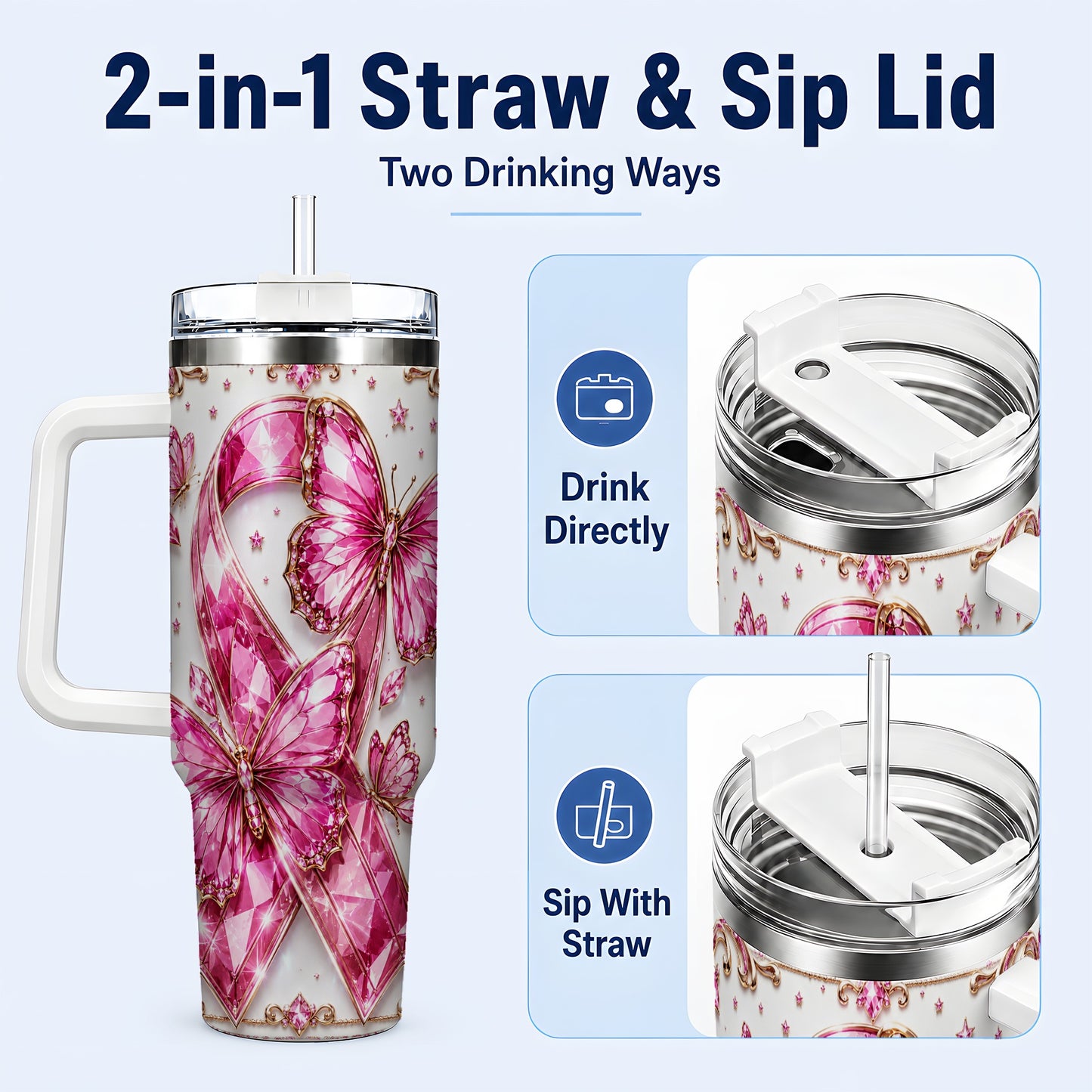 #pl[40oz|White] Pink Ribbon 40oz Tumbler with Handle, Jeweled Stainless Steel Travel Cup