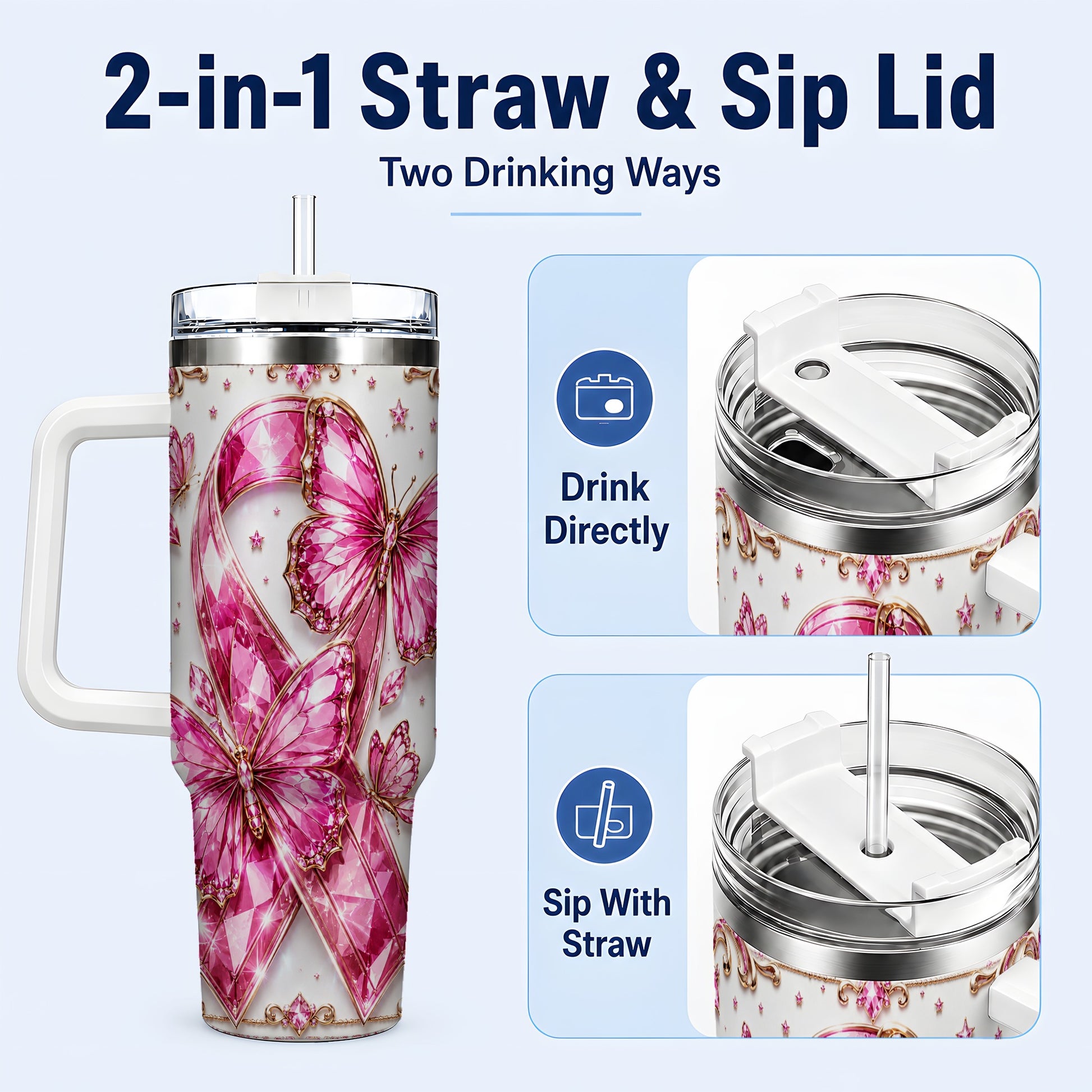 #pl[40oz|White] Pink Ribbon 40oz Tumbler with Handle, Jeweled Stainless Steel Travel Cup