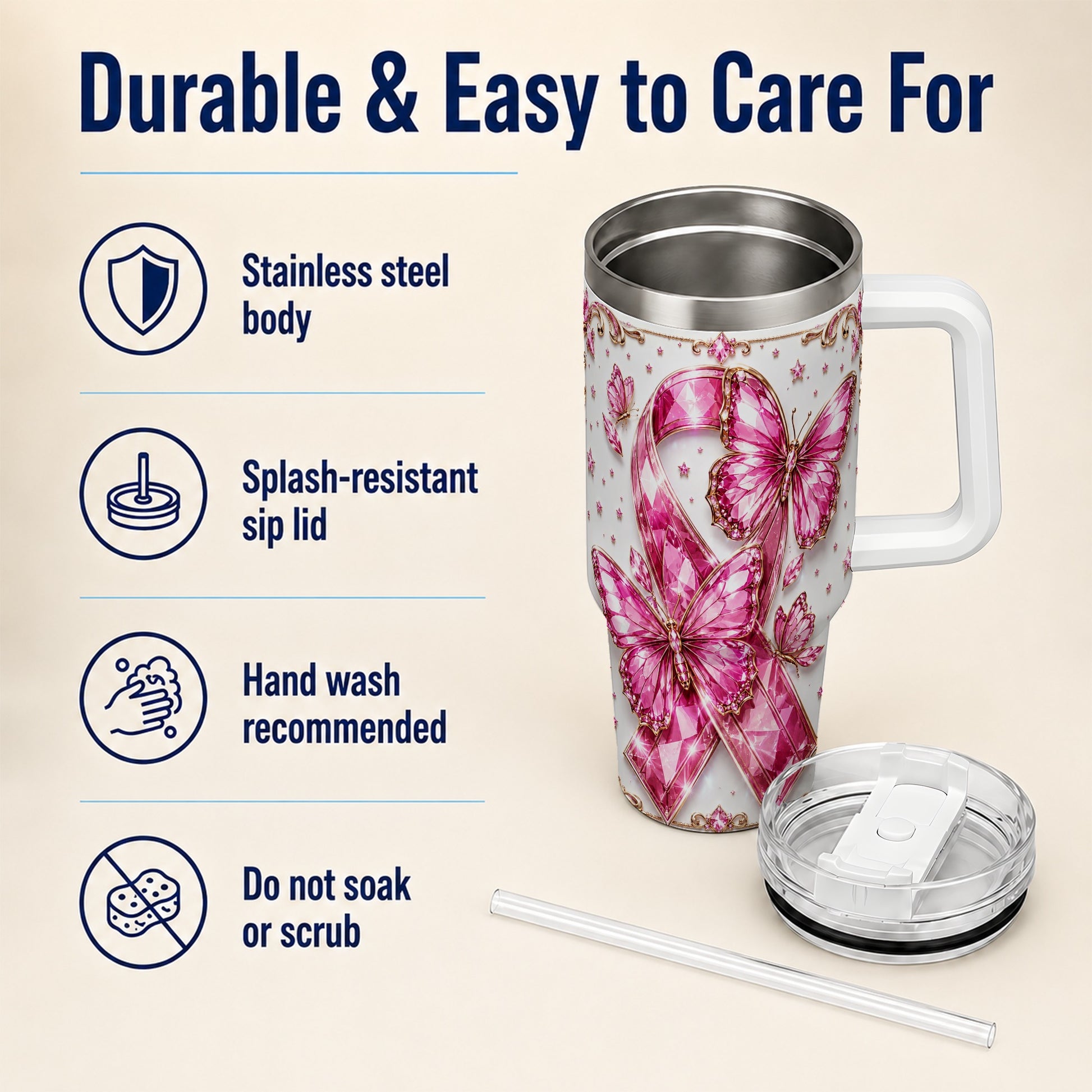 #pl[40oz|White] Pink Ribbon 40oz Tumbler with Handle, Jeweled Stainless Steel Travel Cup