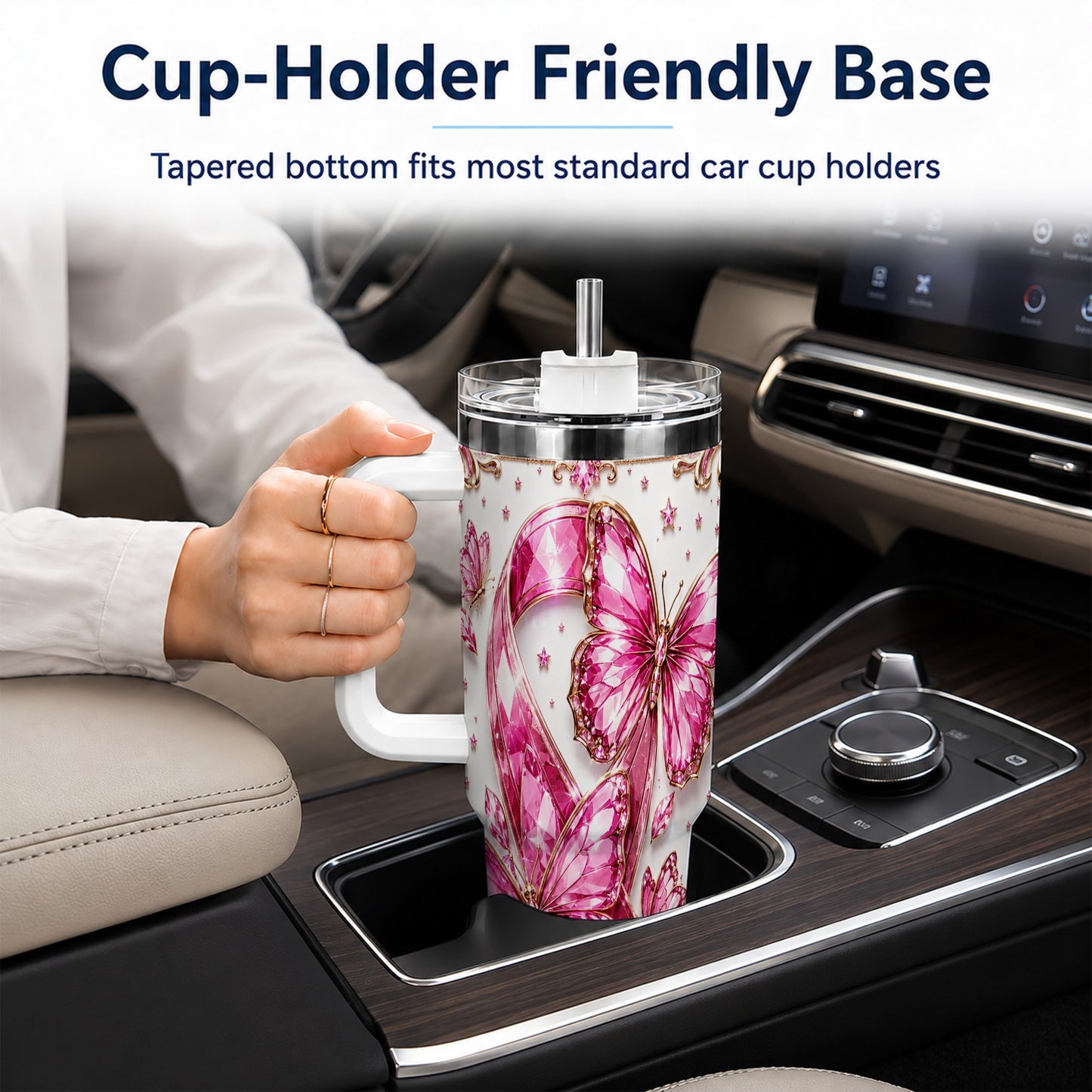 #pl[40oz|White] Pink Ribbon 40oz Tumbler with Handle, Jeweled Stainless Steel Travel Cup