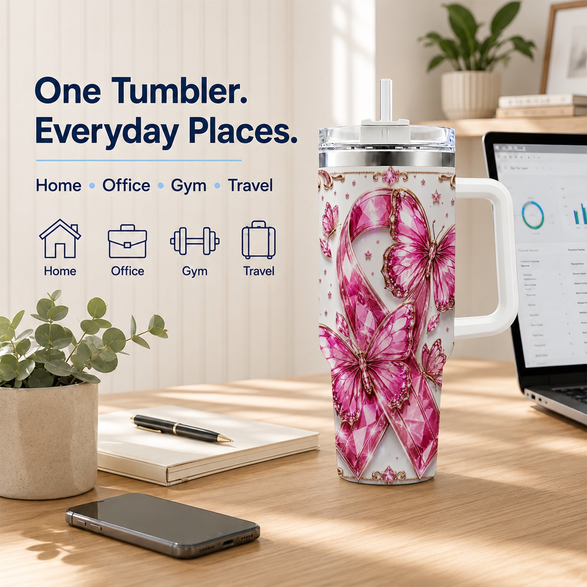 #pl[40oz|White] Pink Ribbon 40oz Tumbler with Handle, Jeweled Stainless Steel Travel Cup
