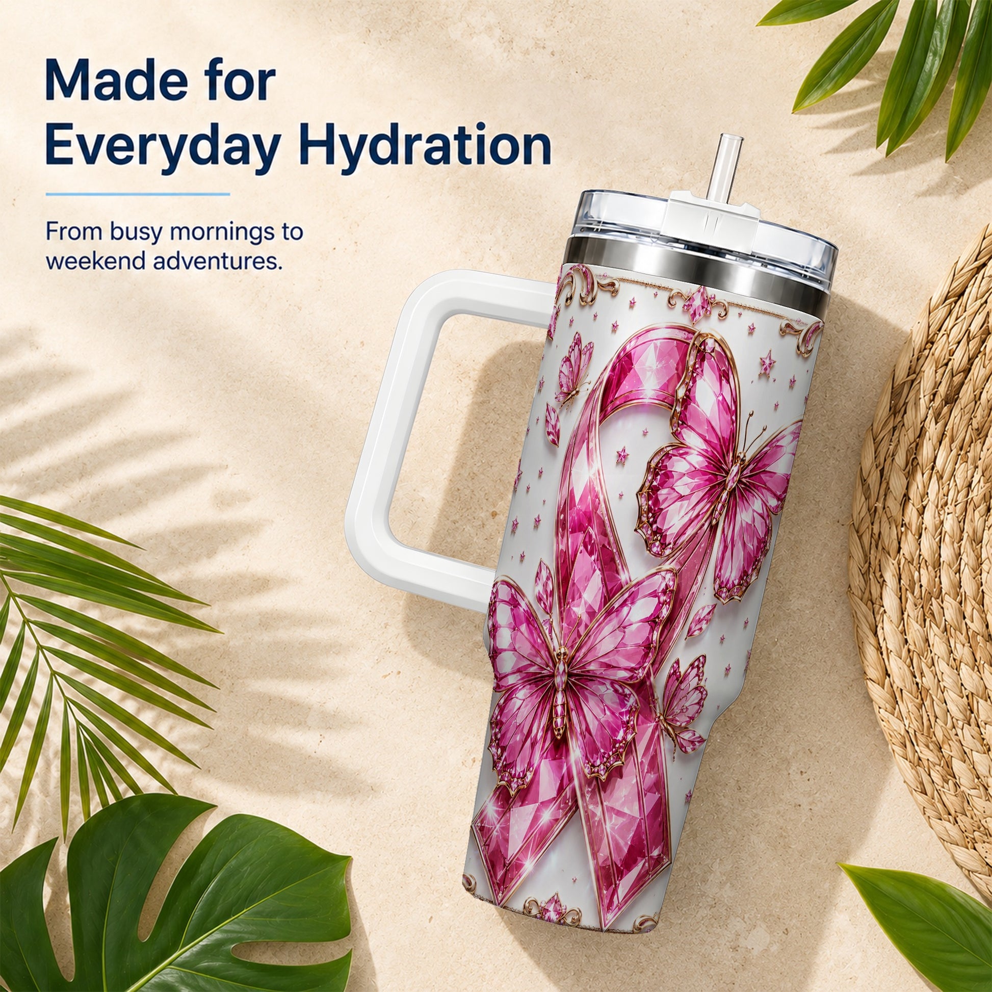#pl[40oz|White] Pink Ribbon 40oz Tumbler with Handle, Jeweled Stainless Steel Travel Cup