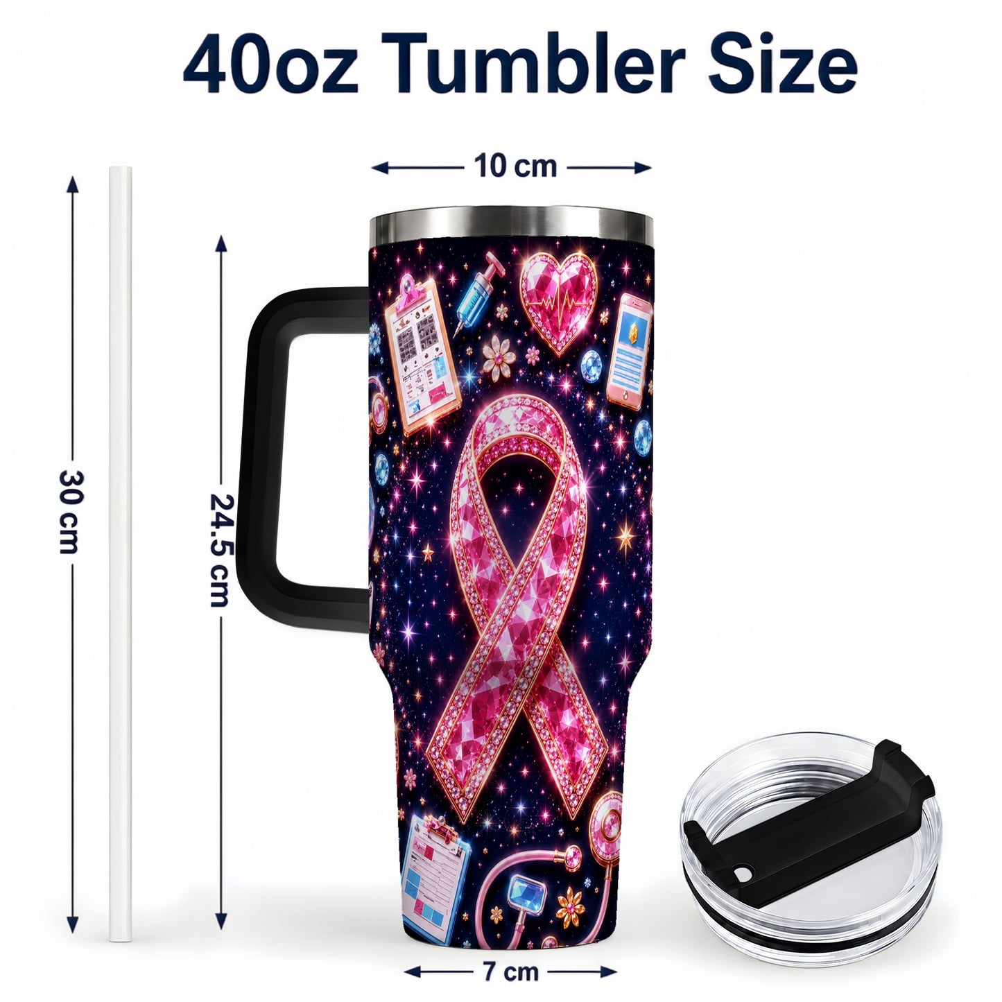 #pl[40oz|Black] Pink Ribbon 40oz Tumbler with Handle, Medical Stainless Steel Travel Cup