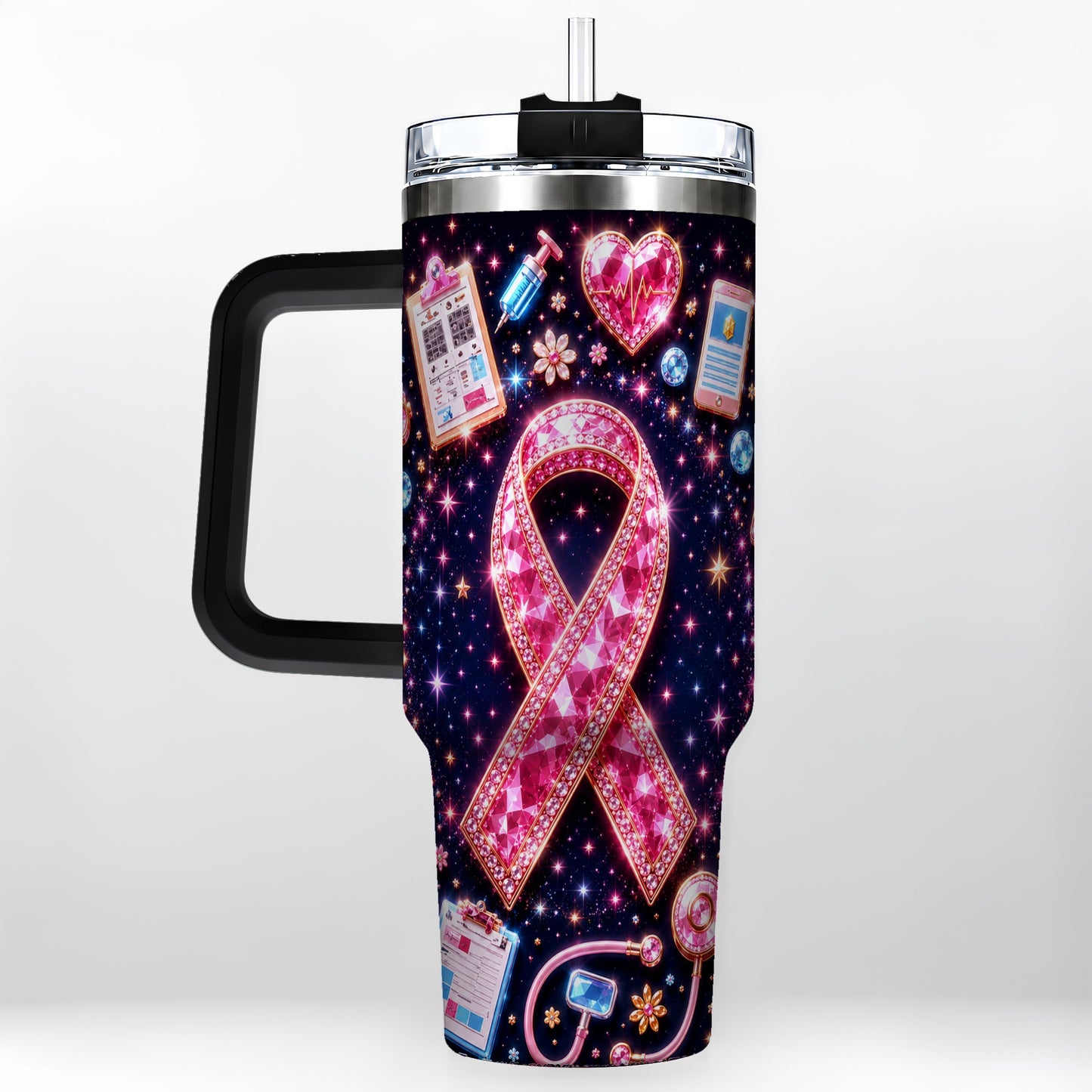 #pl[40oz|Black] Pink Ribbon 40oz Tumbler with Handle, Medical Stainless Steel Travel Cup