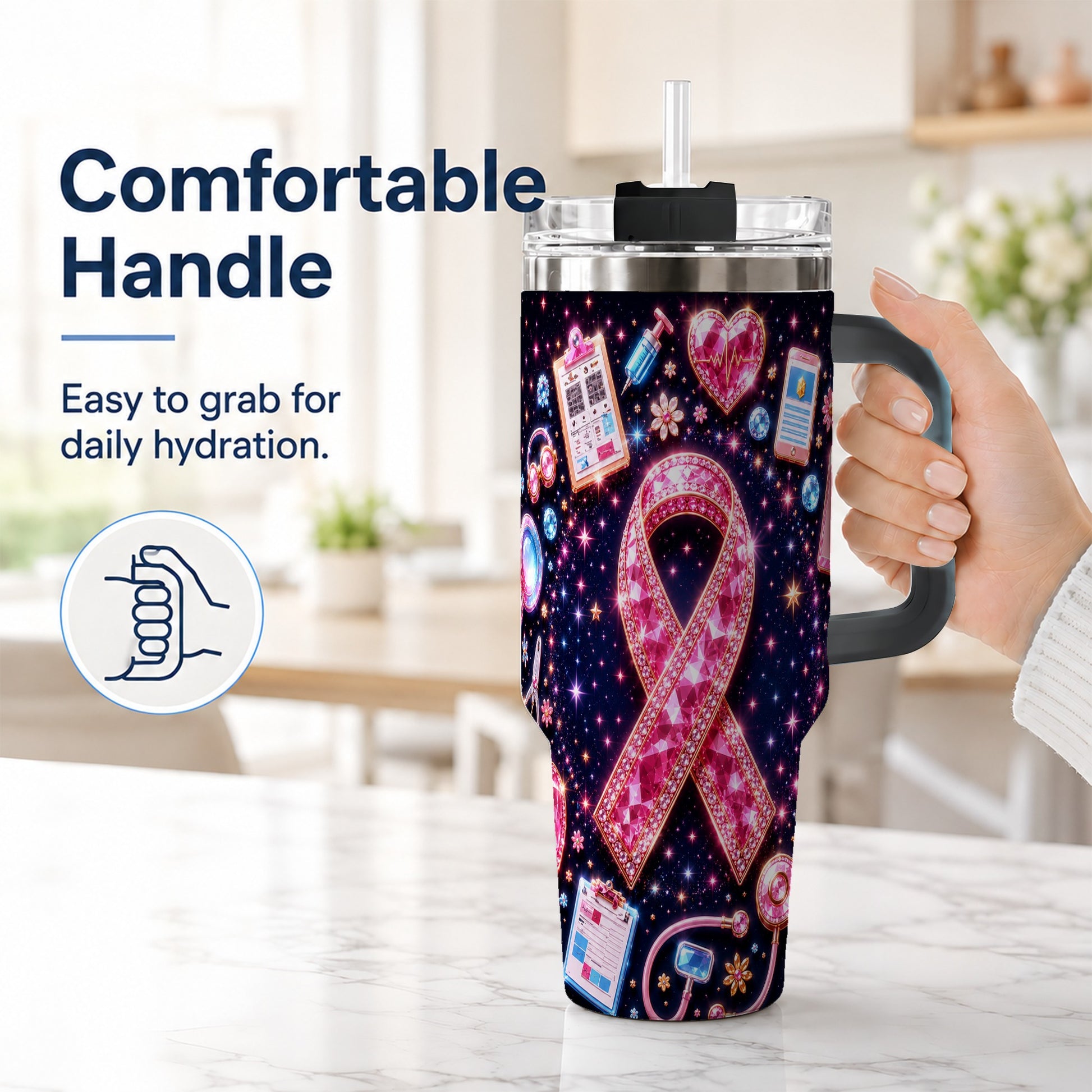 #pl[40oz|Black] Pink Ribbon 40oz Tumbler with Handle, Medical Stainless Steel Travel Cup