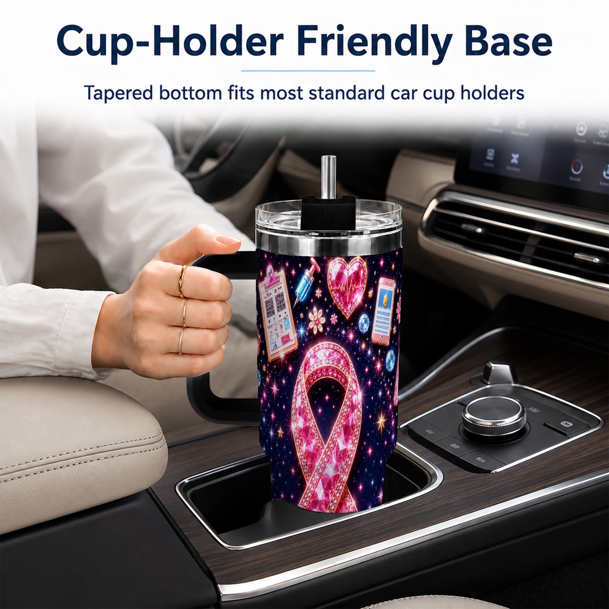 #pl[40oz|Black] Pink Ribbon 40oz Tumbler with Handle, Medical Stainless Steel Travel Cup