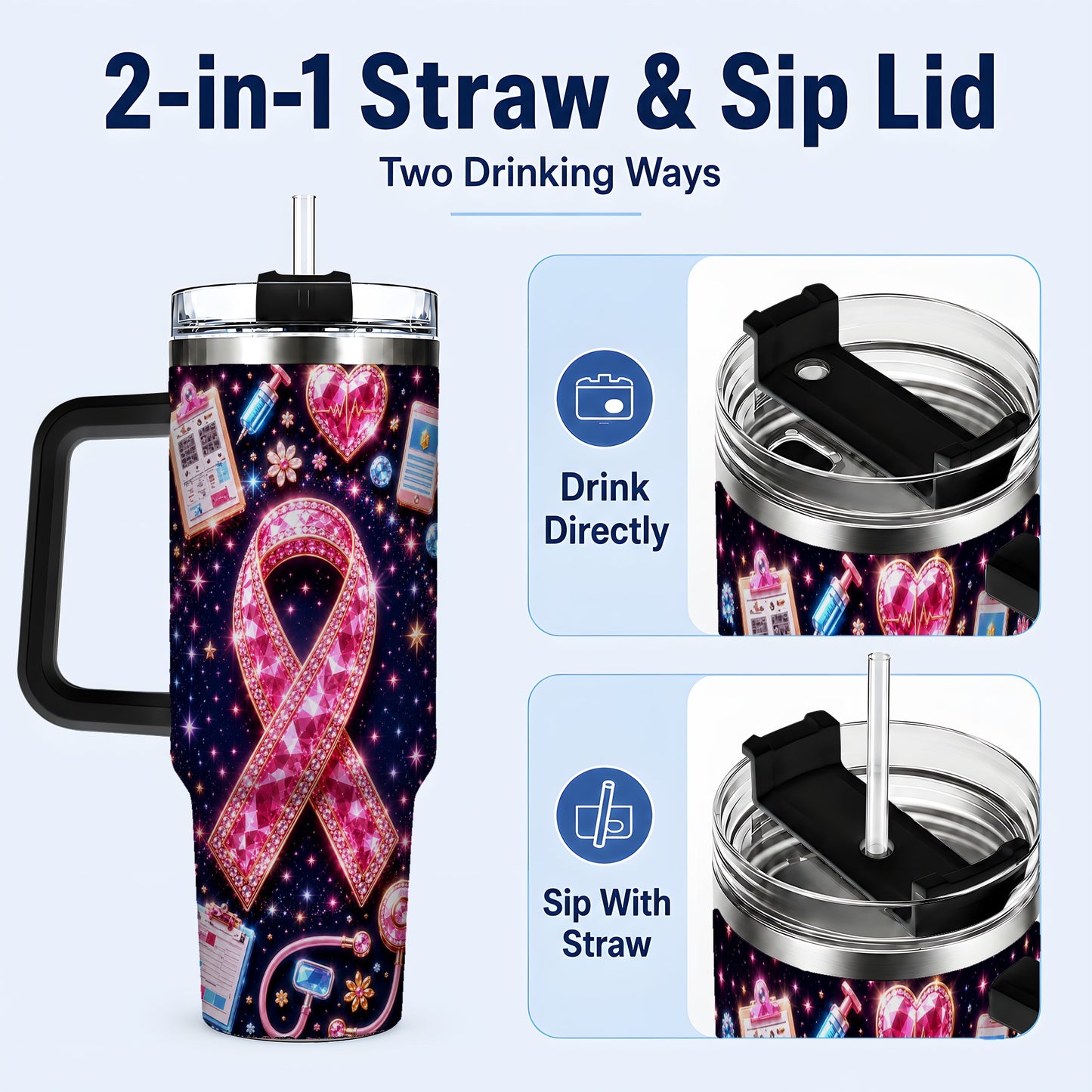 #pl[40oz|Black] Pink Ribbon 40oz Tumbler with Handle, Medical Stainless Steel Travel Cup