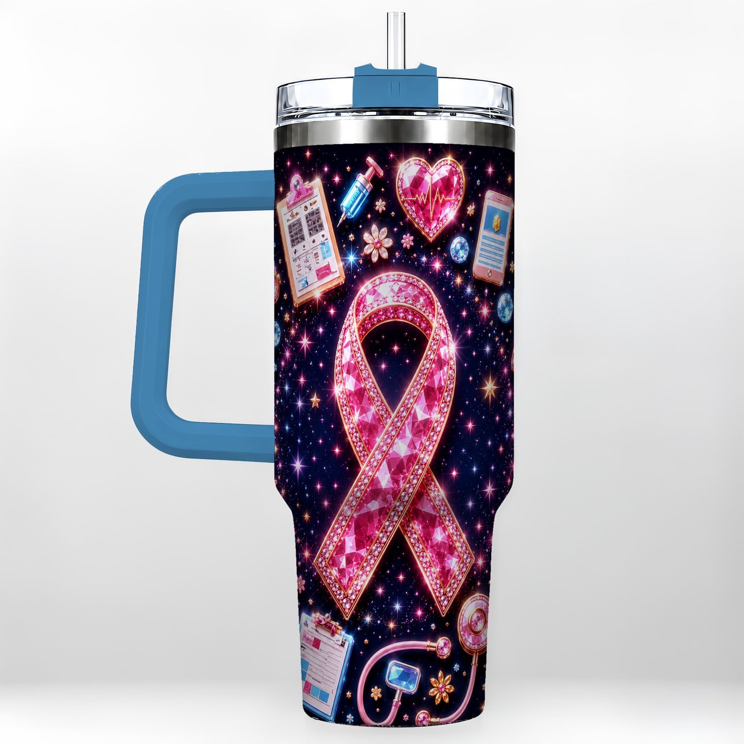 #pl[40oz|Blue] Pink Ribbon 40oz Tumbler with Handle, Medical Stainless Steel Travel Cup