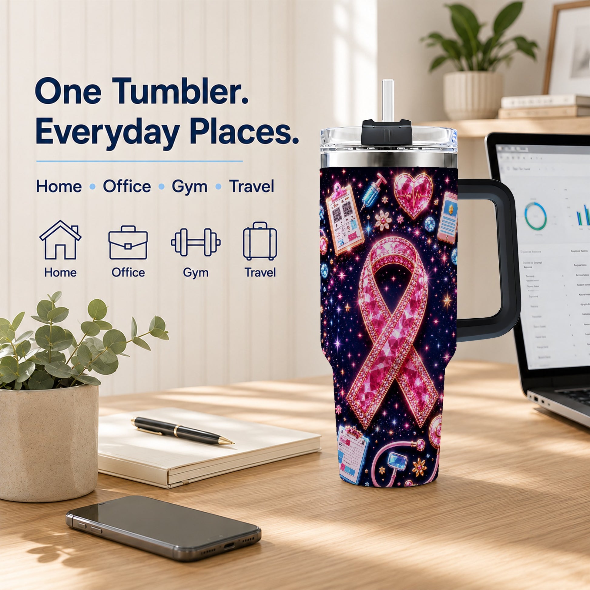 #pl[40oz|Black] Pink Ribbon 40oz Tumbler with Handle, Medical Stainless Steel Travel Cup