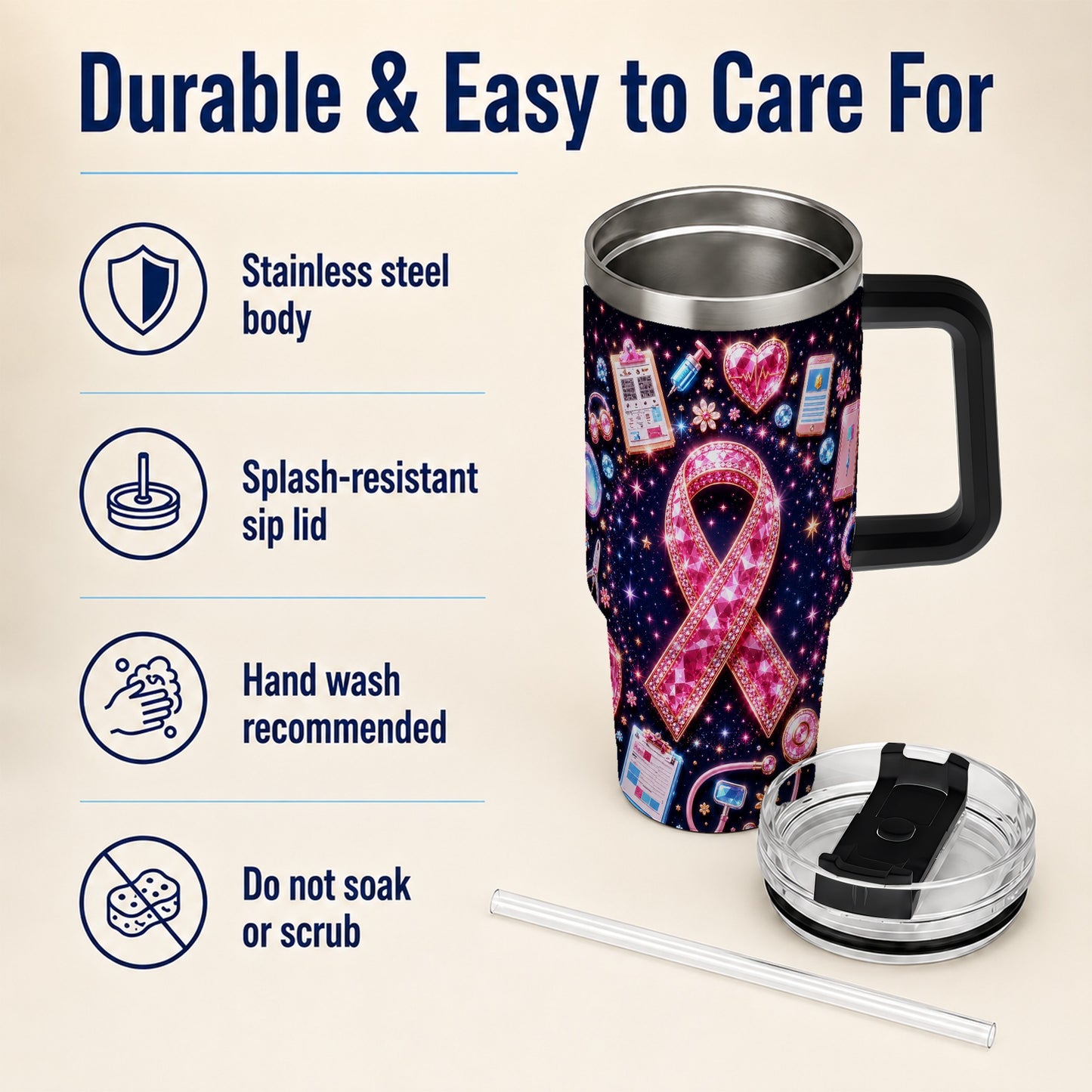 #pl[40oz|Black] Pink Ribbon 40oz Tumbler with Handle, Medical Stainless Steel Travel Cup