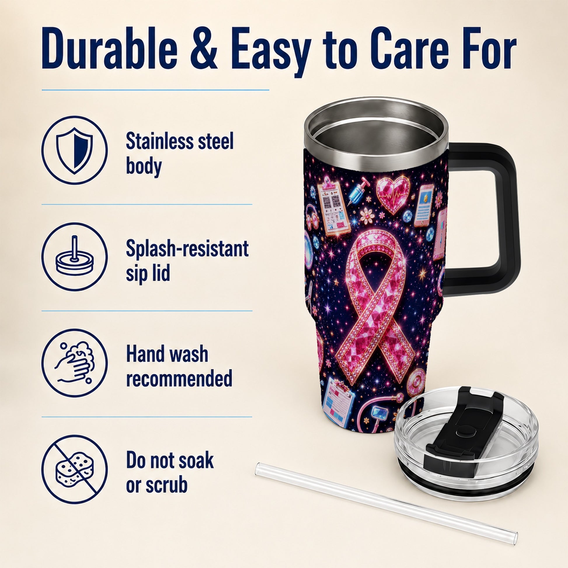 #pl[40oz|Black] Pink Ribbon 40oz Tumbler with Handle, Medical Stainless Steel Travel Cup