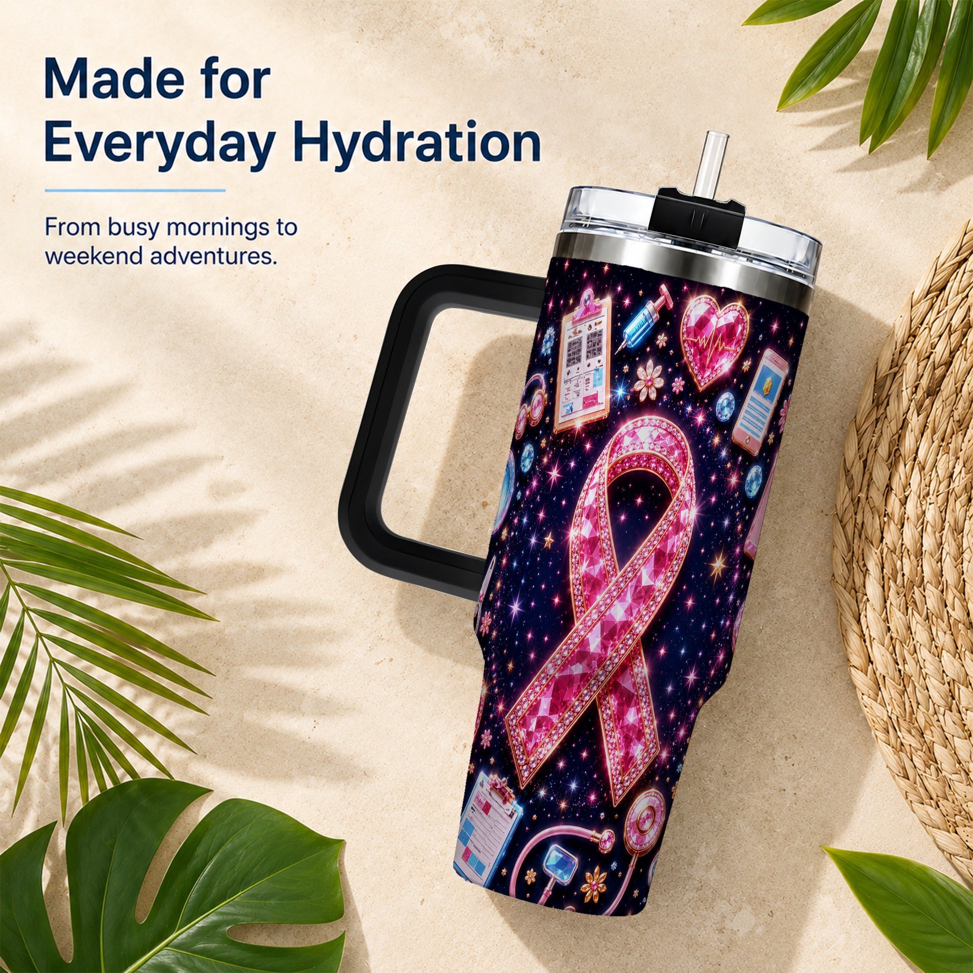 #pl[40oz|Black] Pink Ribbon 40oz Tumbler with Handle, Medical Stainless Steel Travel Cup