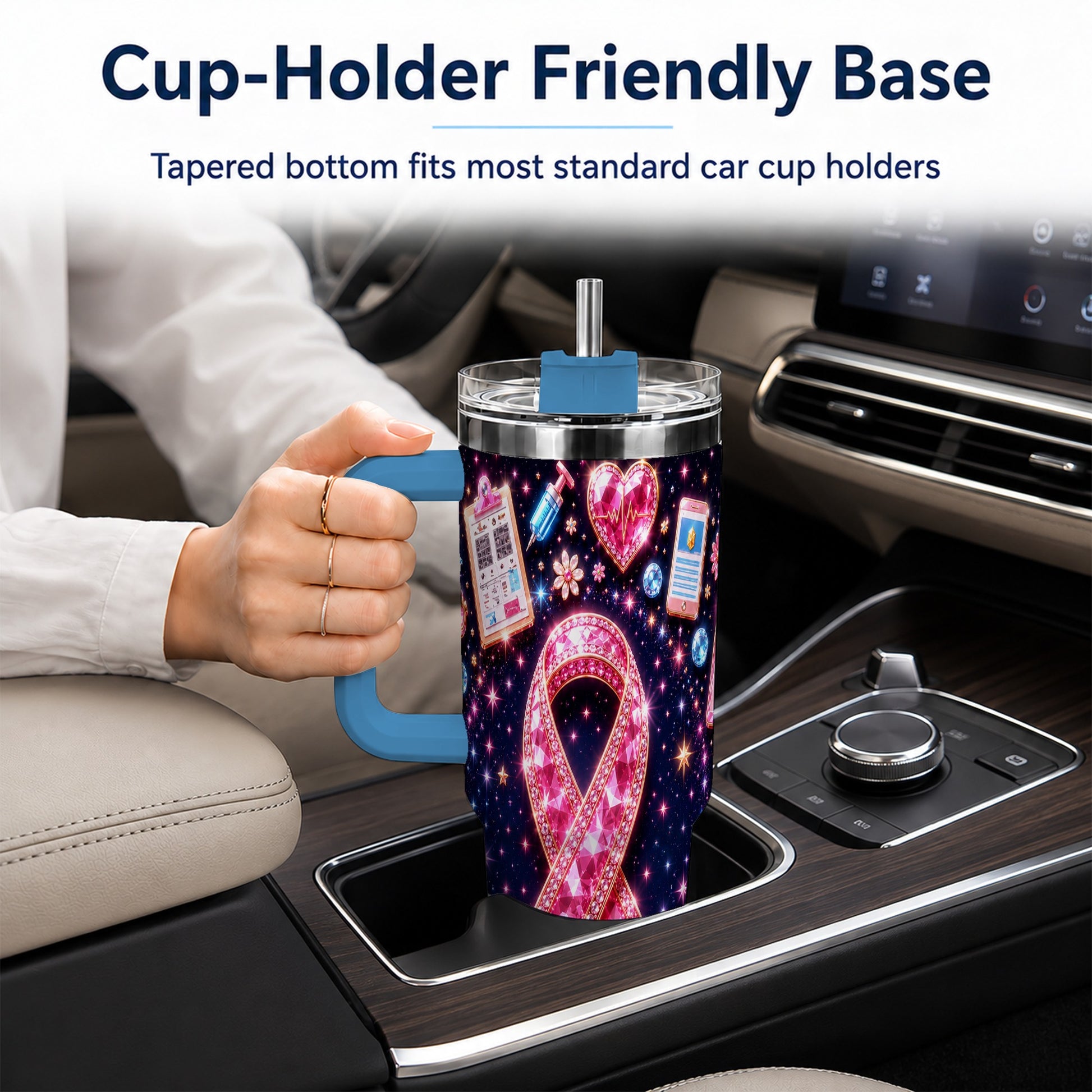 #pl[40oz|Blue] Pink Ribbon 40oz Tumbler with Handle, Medical Stainless Steel Travel Cup