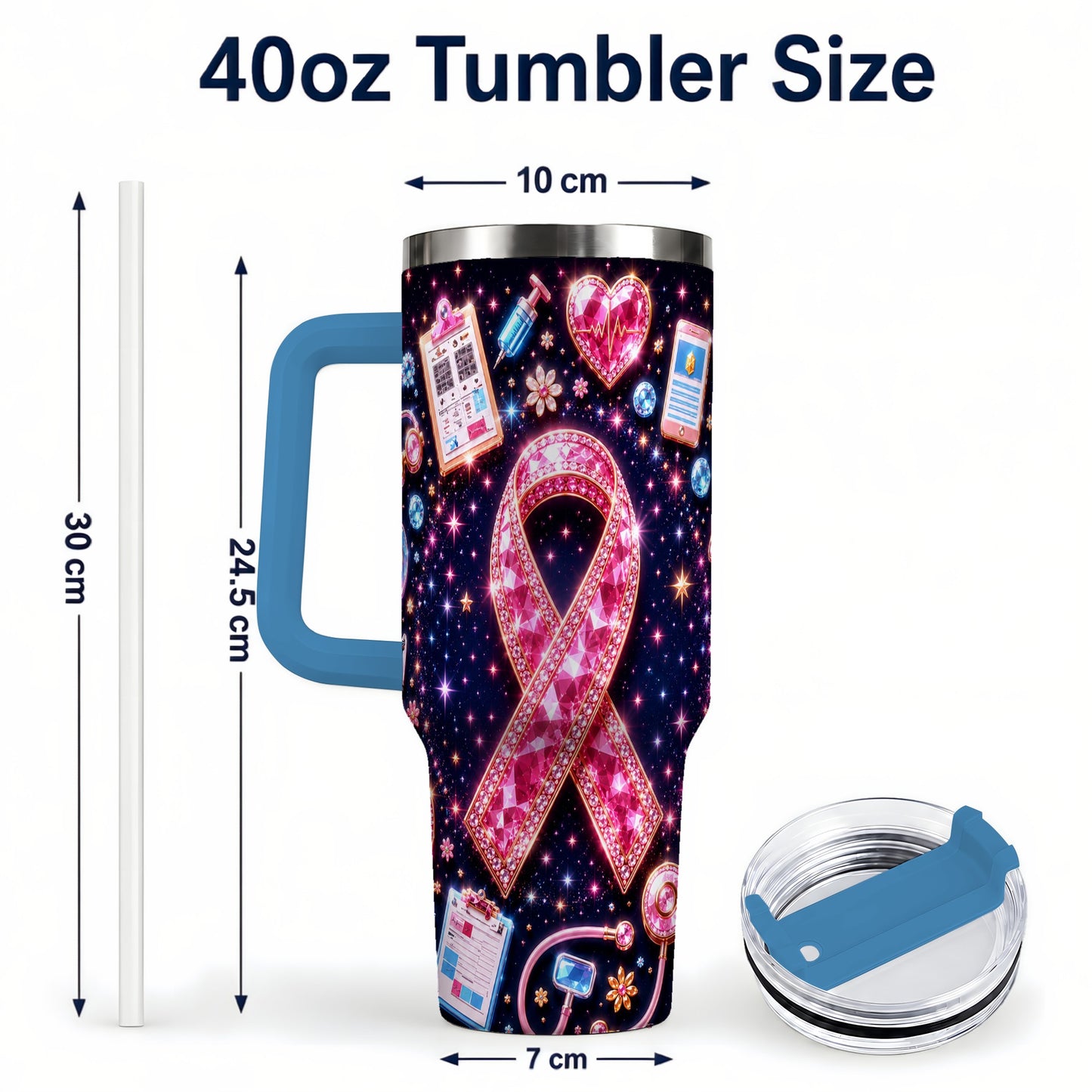 #pl[40oz|Blue] Pink Ribbon 40oz Tumbler with Handle, Medical Stainless Steel Travel Cup