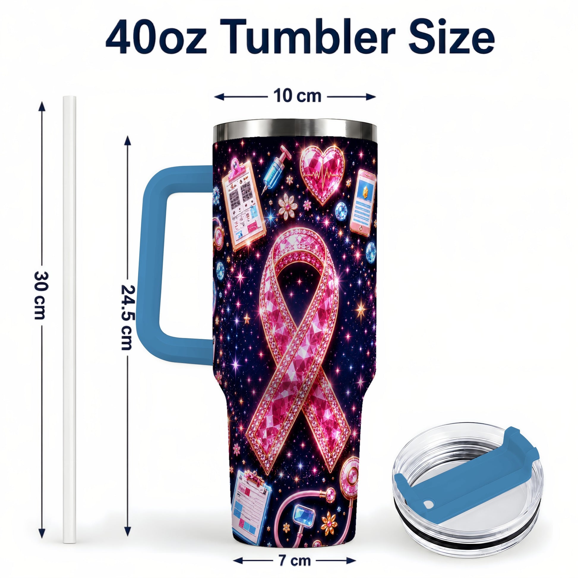 #pl[40oz|Blue] Pink Ribbon 40oz Tumbler with Handle, Medical Stainless Steel Travel Cup