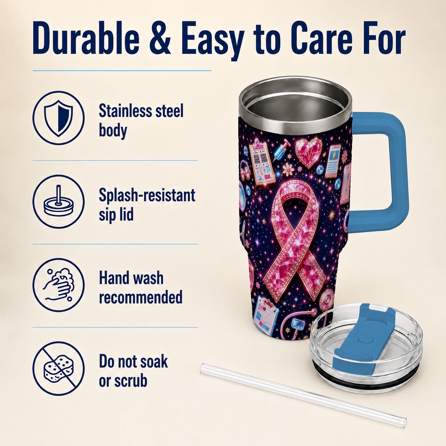 #pl[40oz|Blue] Pink Ribbon 40oz Tumbler with Handle, Medical Stainless Steel Travel Cup