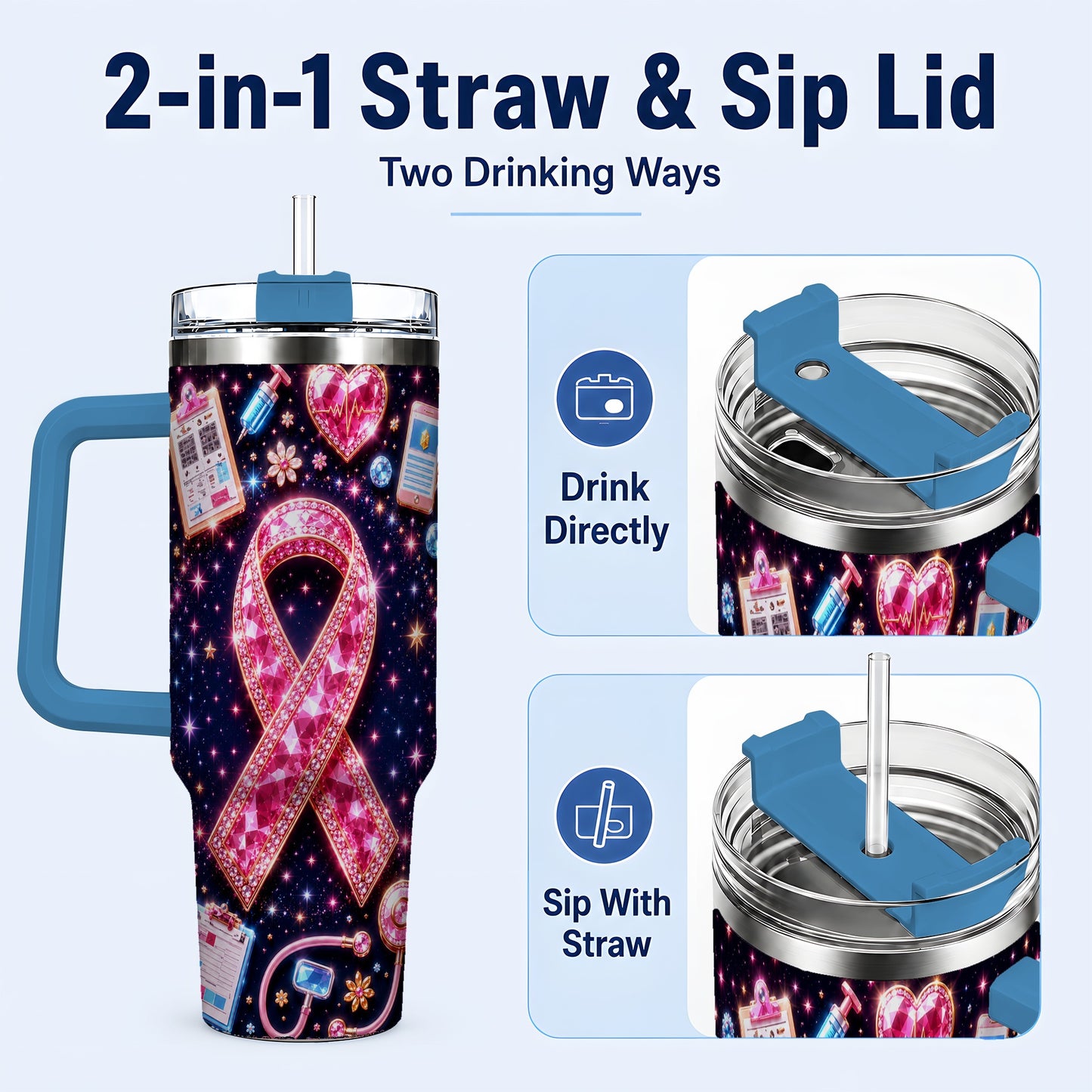 #pl[40oz|Blue] Pink Ribbon 40oz Tumbler with Handle, Medical Stainless Steel Travel Cup