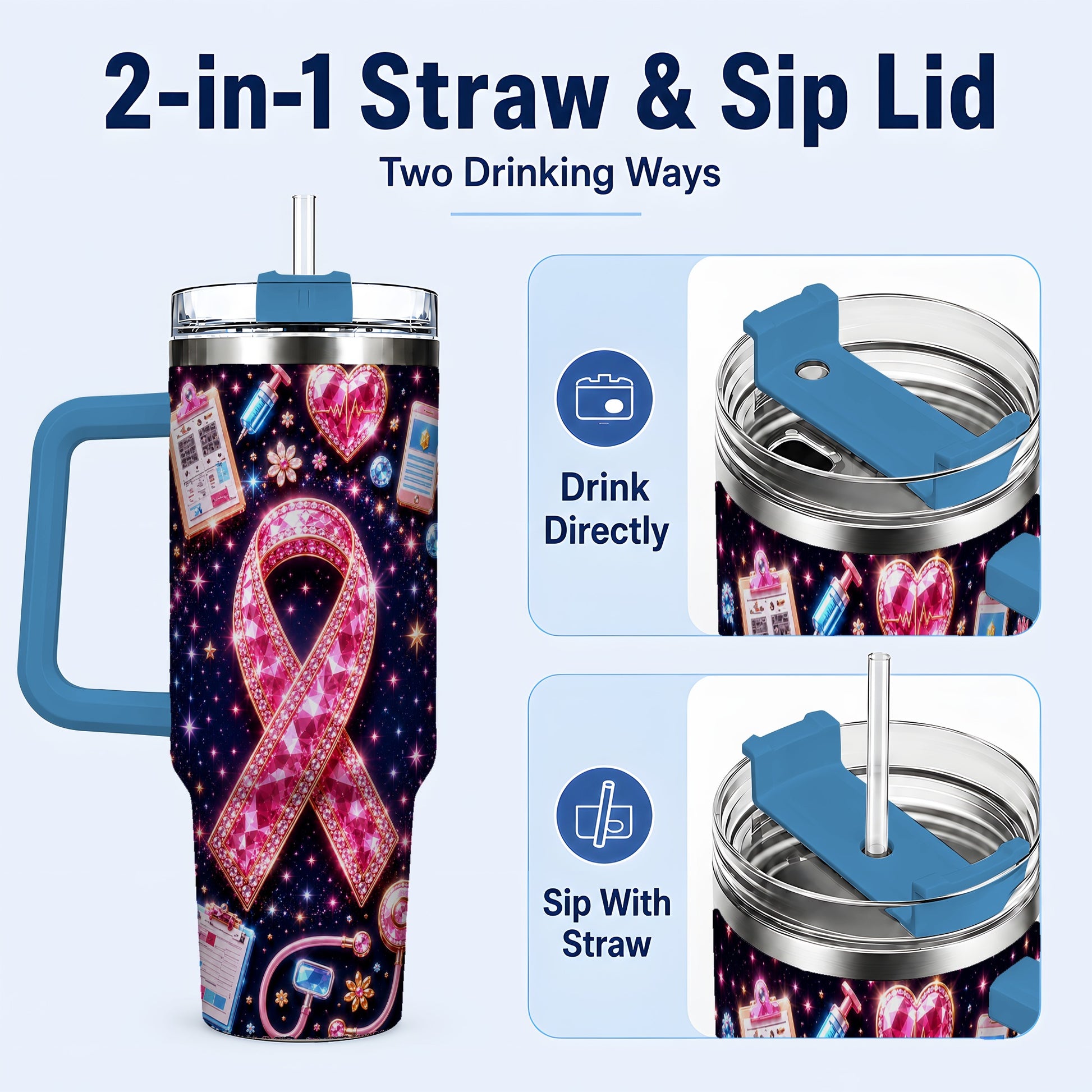 #pl[40oz|Blue] Pink Ribbon 40oz Tumbler with Handle, Medical Stainless Steel Travel Cup