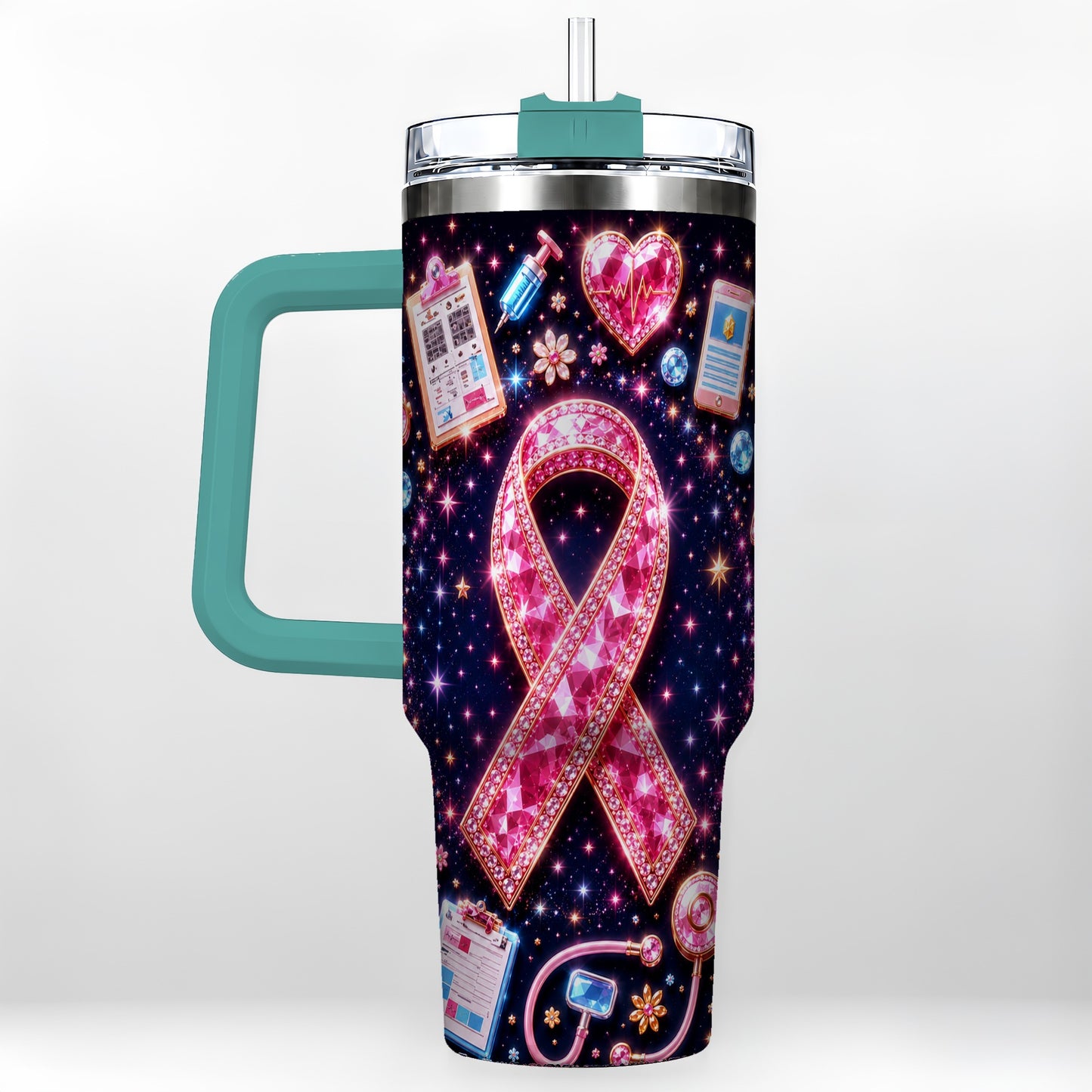 #pl[40oz|Green] Pink Ribbon 40oz Tumbler with Handle, Medical Stainless Steel Travel Cup