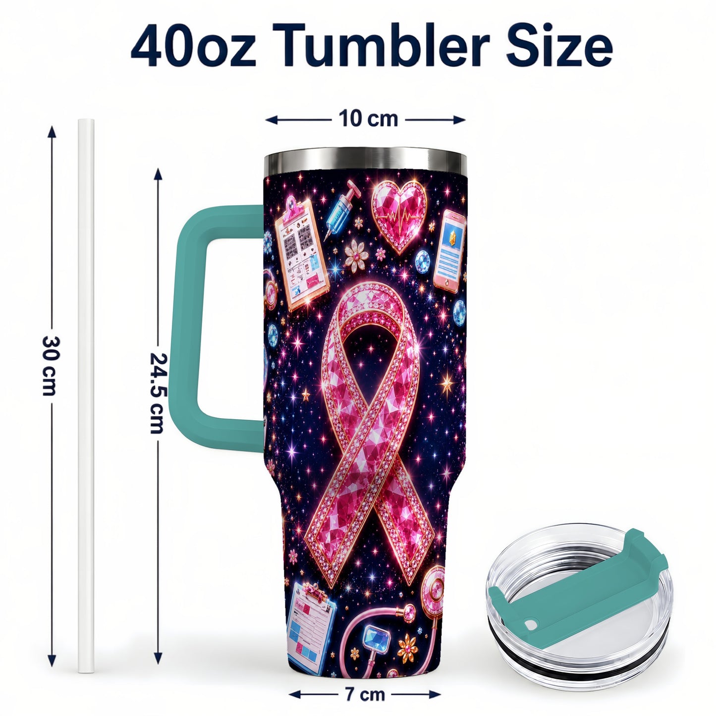 #pl[40oz|Green] Pink Ribbon 40oz Tumbler with Handle, Medical Stainless Steel Travel Cup