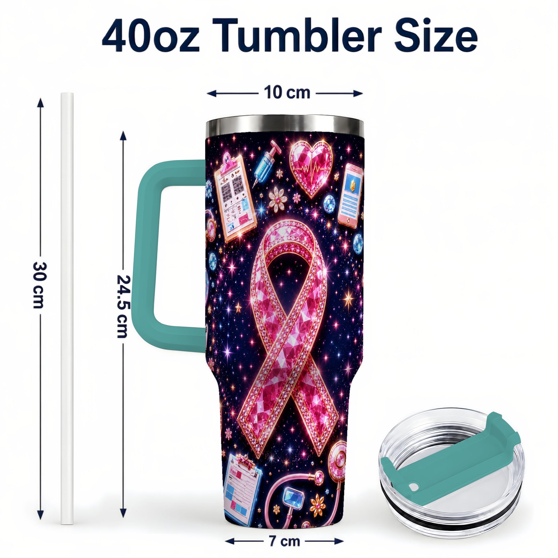 #pl[40oz|Green] Pink Ribbon 40oz Tumbler with Handle, Medical Stainless Steel Travel Cup
