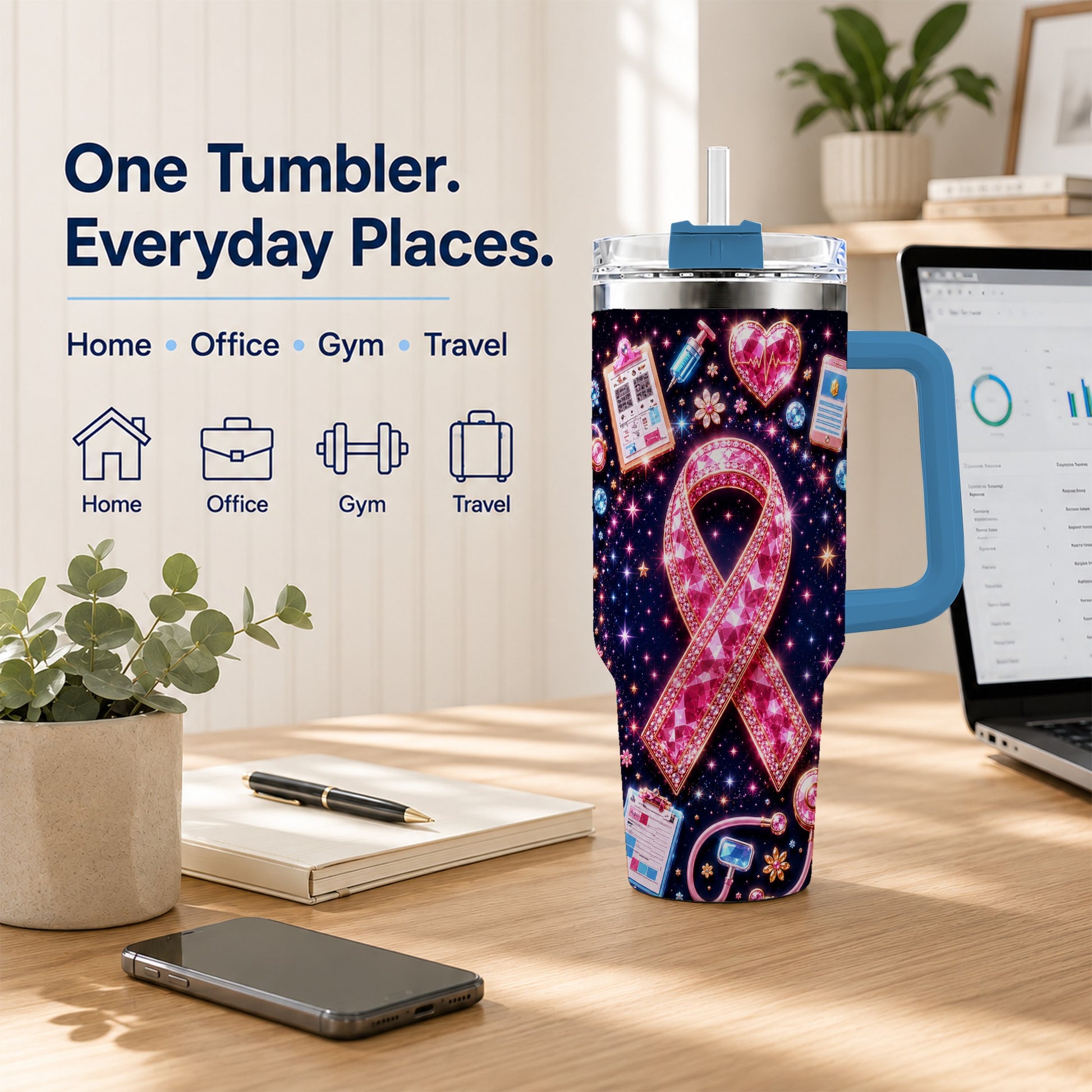 #pl[40oz|Blue] Pink Ribbon 40oz Tumbler with Handle, Medical Stainless Steel Travel Cup