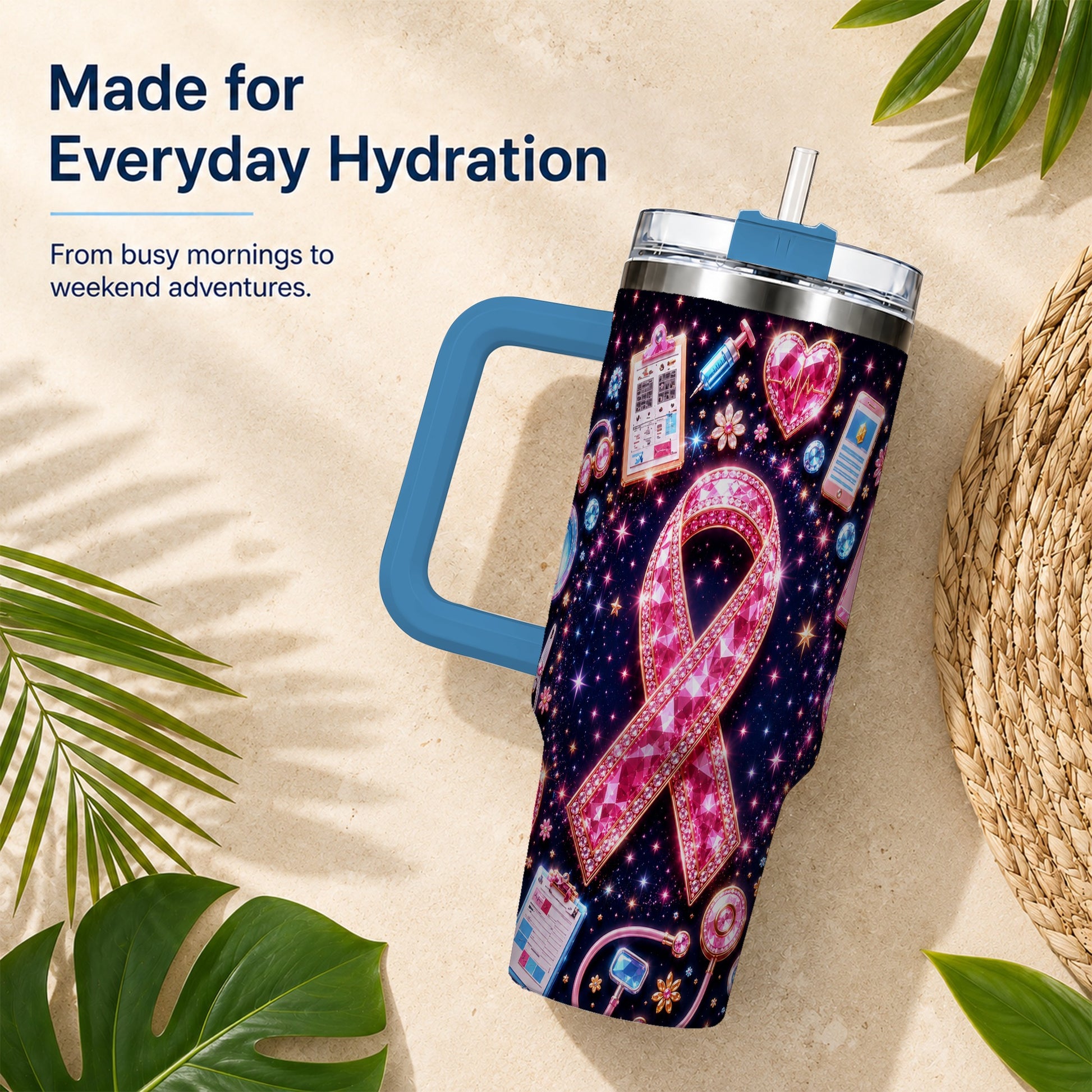 #pl[40oz|Blue] Pink Ribbon 40oz Tumbler with Handle, Medical Stainless Steel Travel Cup