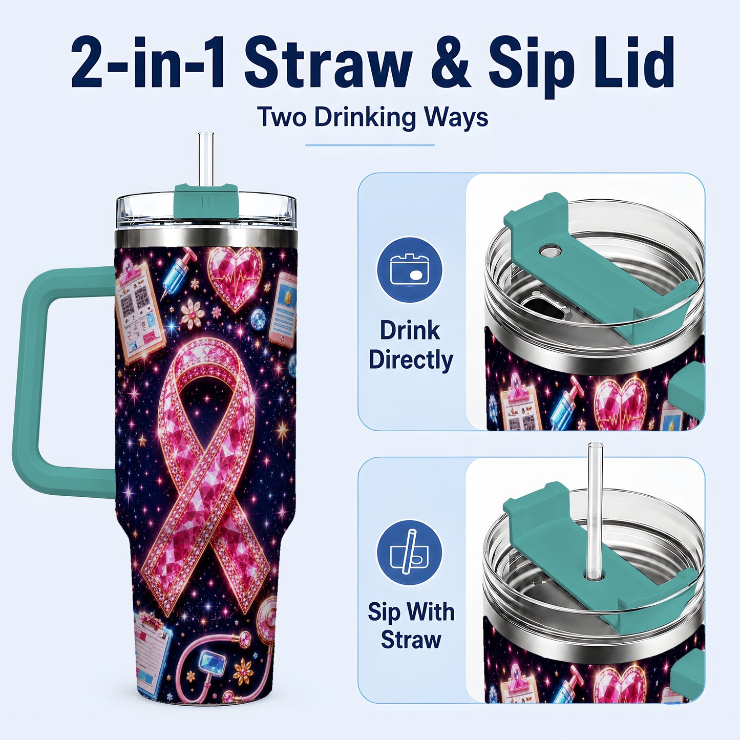 #pl[40oz|Green] Pink Ribbon 40oz Tumbler with Handle, Medical Stainless Steel Travel Cup