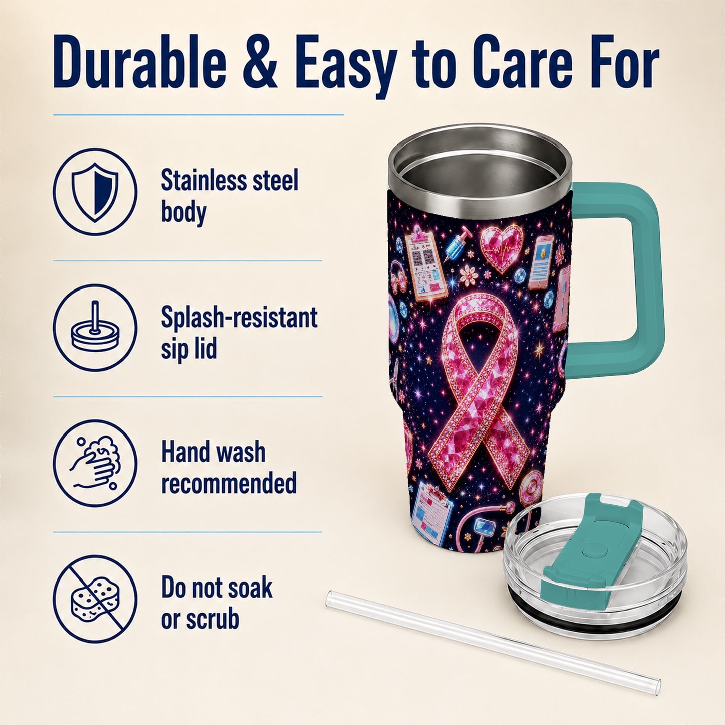 #pl[40oz|Green] Pink Ribbon 40oz Tumbler with Handle, Medical Stainless Steel Travel Cup