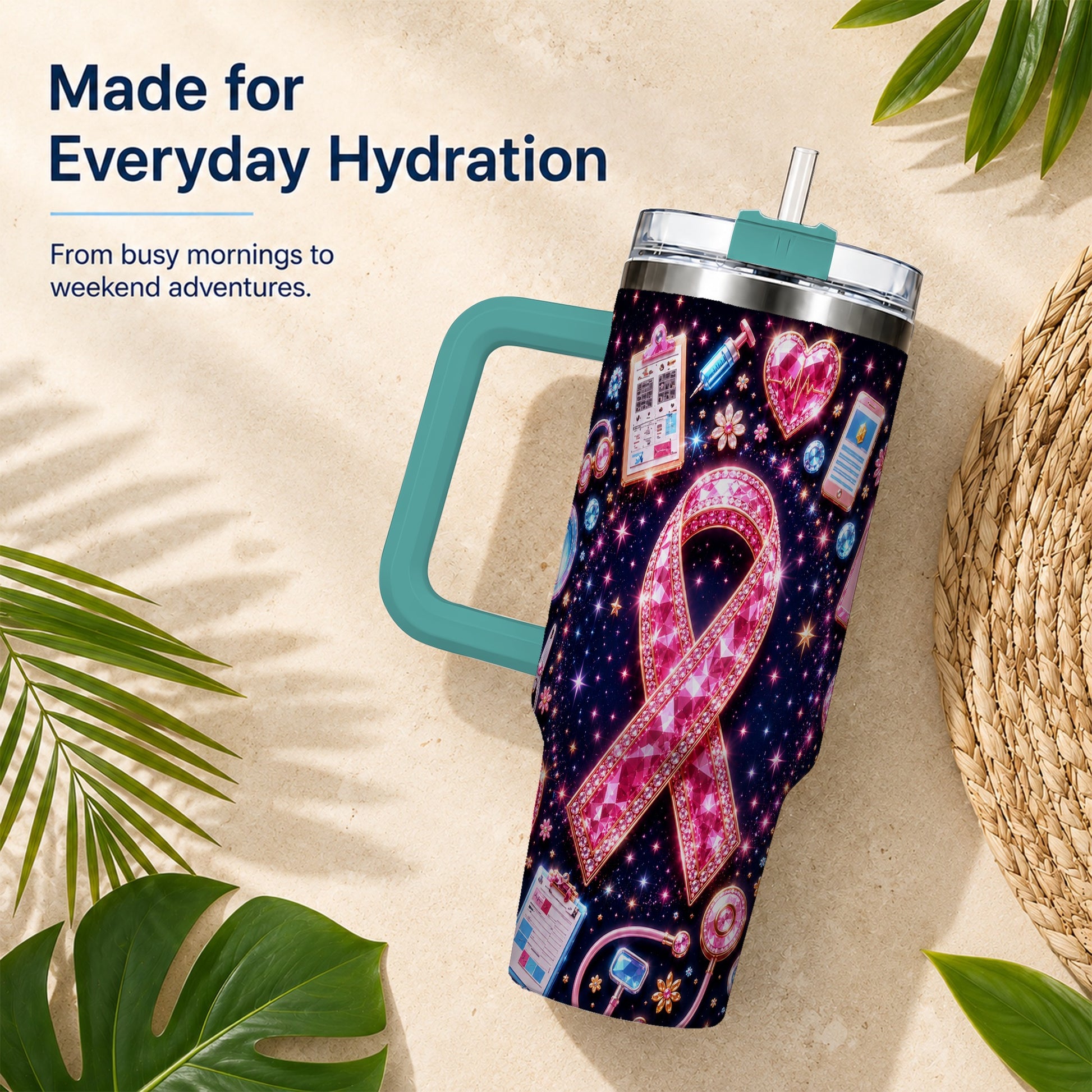 #pl[40oz|Green] Pink Ribbon 40oz Tumbler with Handle, Medical Stainless Steel Travel Cup