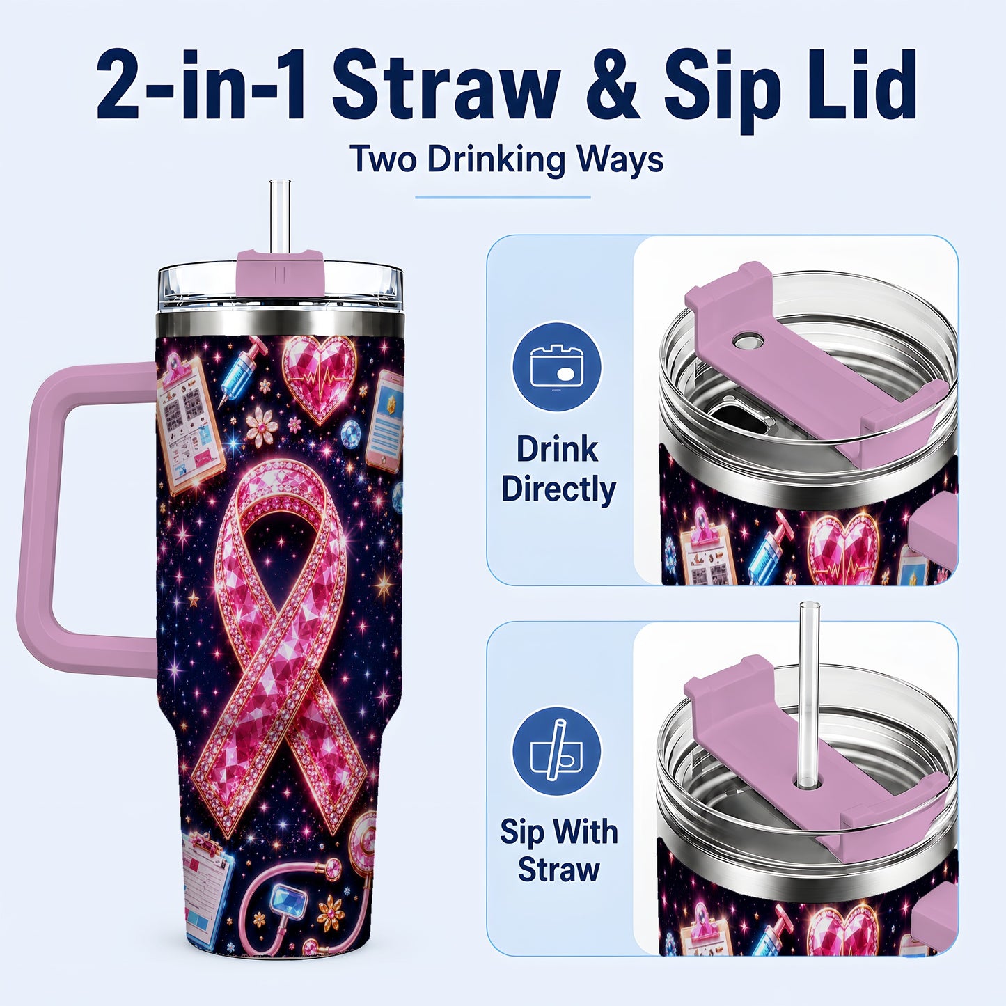 #pl[40oz|Pink] Pink Ribbon 40oz Tumbler with Handle, Medical Stainless Steel Travel Cup