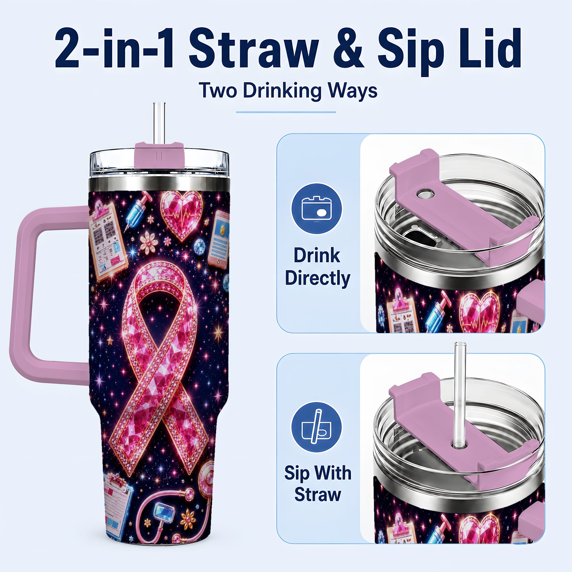 #pl[40oz|Pink] Pink Ribbon 40oz Tumbler with Handle, Medical Stainless Steel Travel Cup