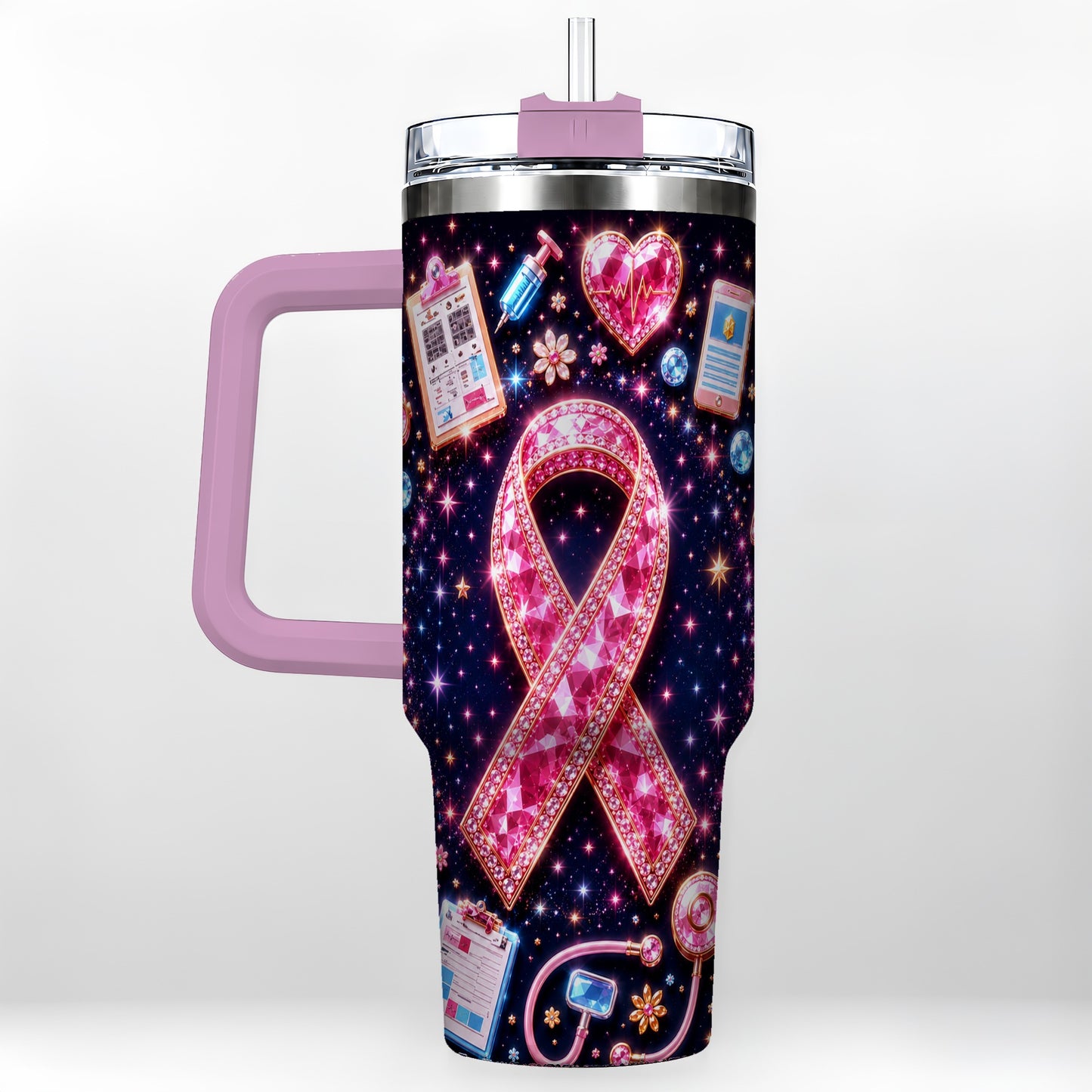 #pl[40oz|Pink] Pink Ribbon 40oz Tumbler with Handle, Medical Stainless Steel Travel Cup
