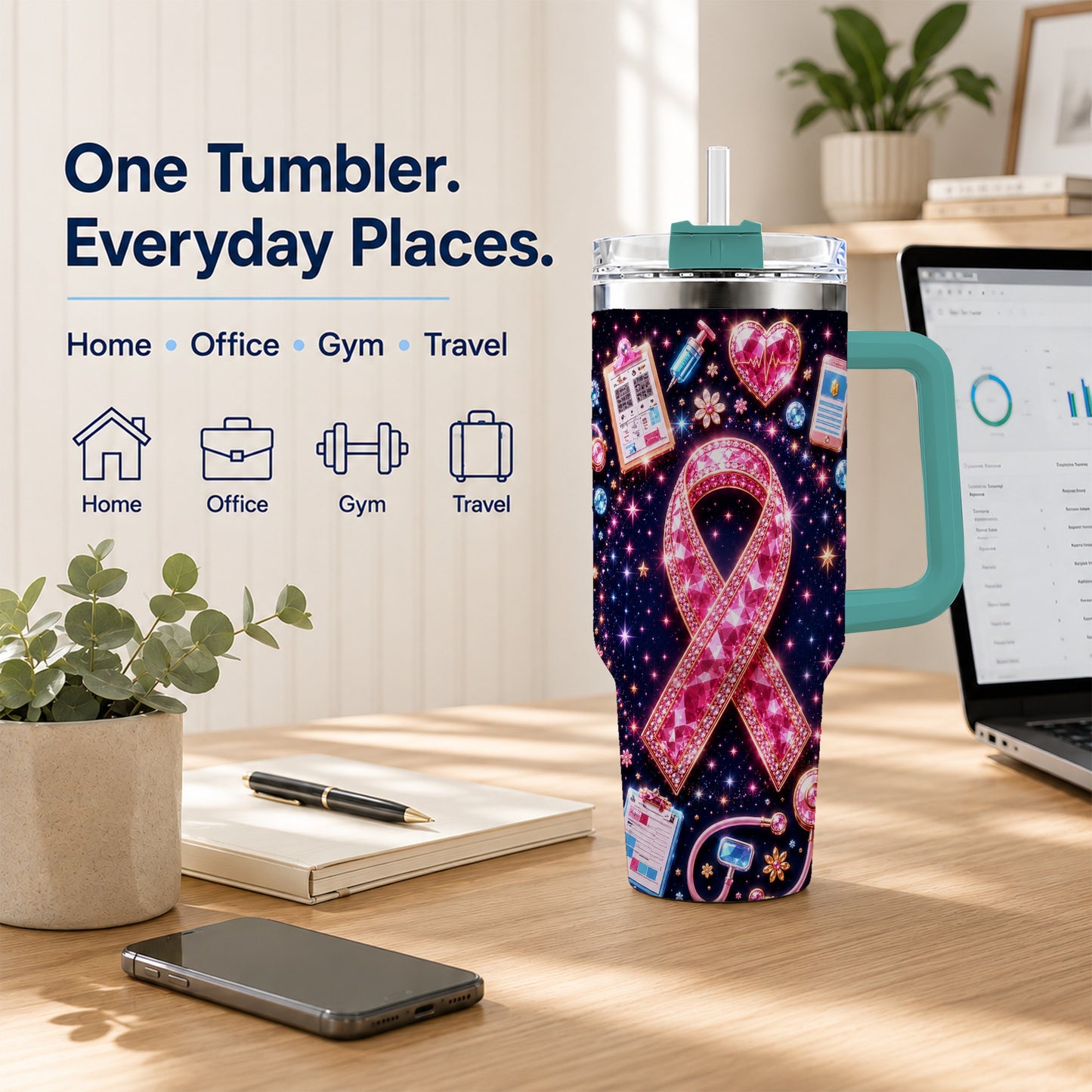 #pl[40oz|Green] Pink Ribbon 40oz Tumbler with Handle, Medical Stainless Steel Travel Cup