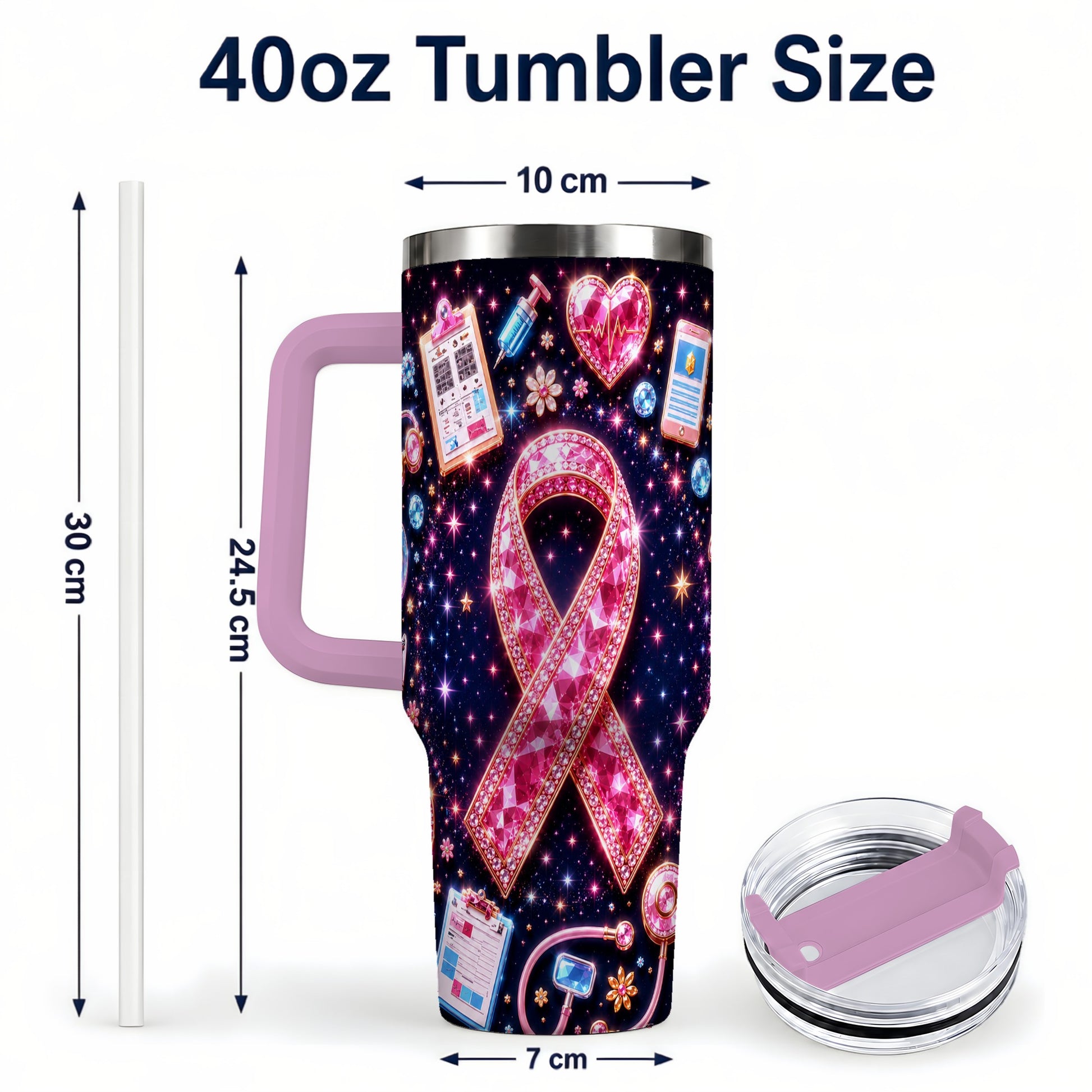 #pl[40oz|Pink] Pink Ribbon 40oz Tumbler with Handle, Medical Stainless Steel Travel Cup
