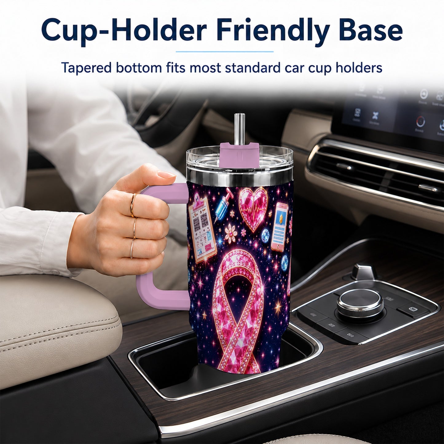 #pl[40oz|Pink] Pink Ribbon 40oz Tumbler with Handle, Medical Stainless Steel Travel Cup