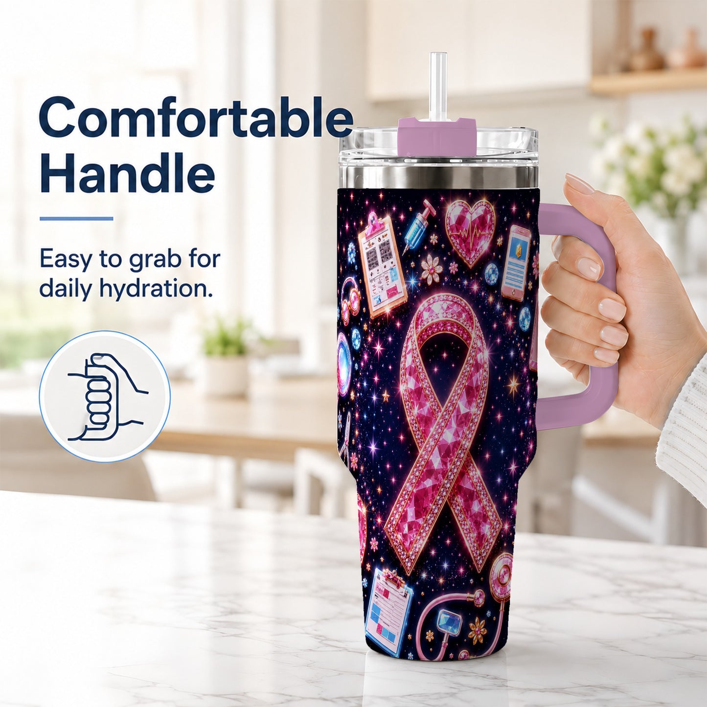 #pl[40oz|Pink] Pink Ribbon 40oz Tumbler with Handle, Medical Stainless Steel Travel Cup