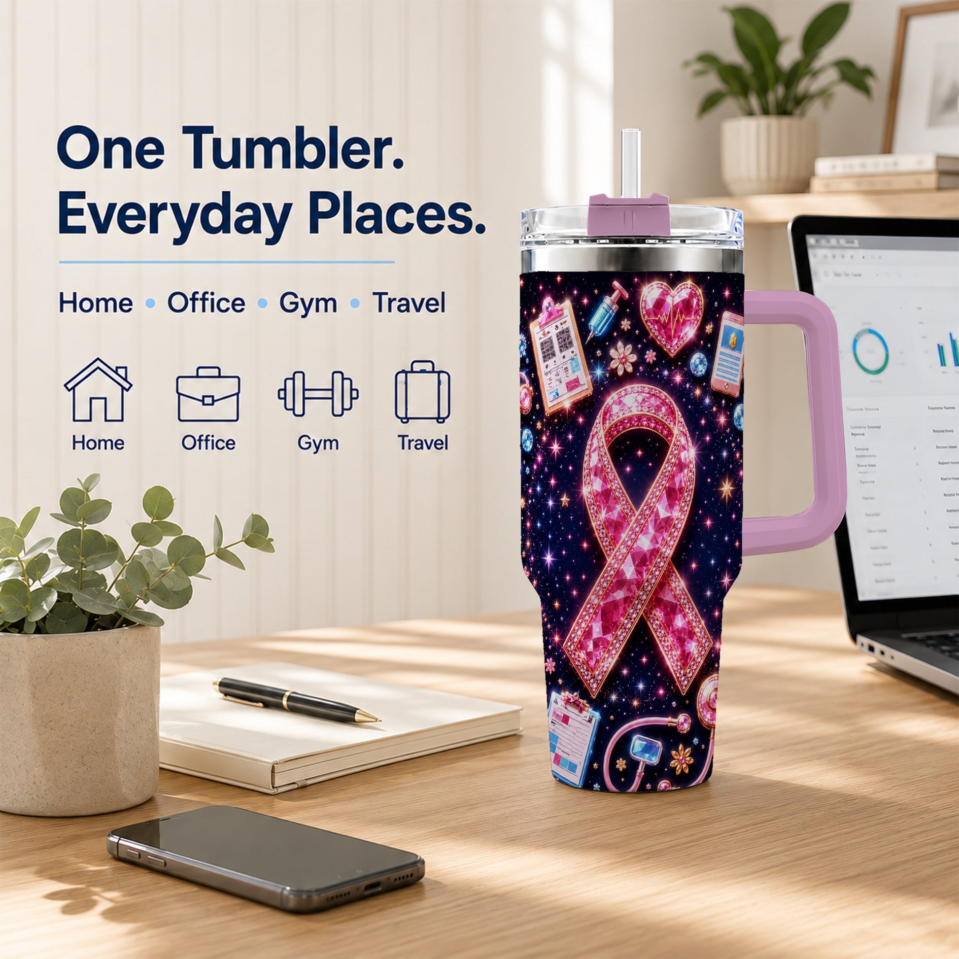 #pl[40oz|Pink] Pink Ribbon 40oz Tumbler with Handle, Medical Stainless Steel Travel Cup