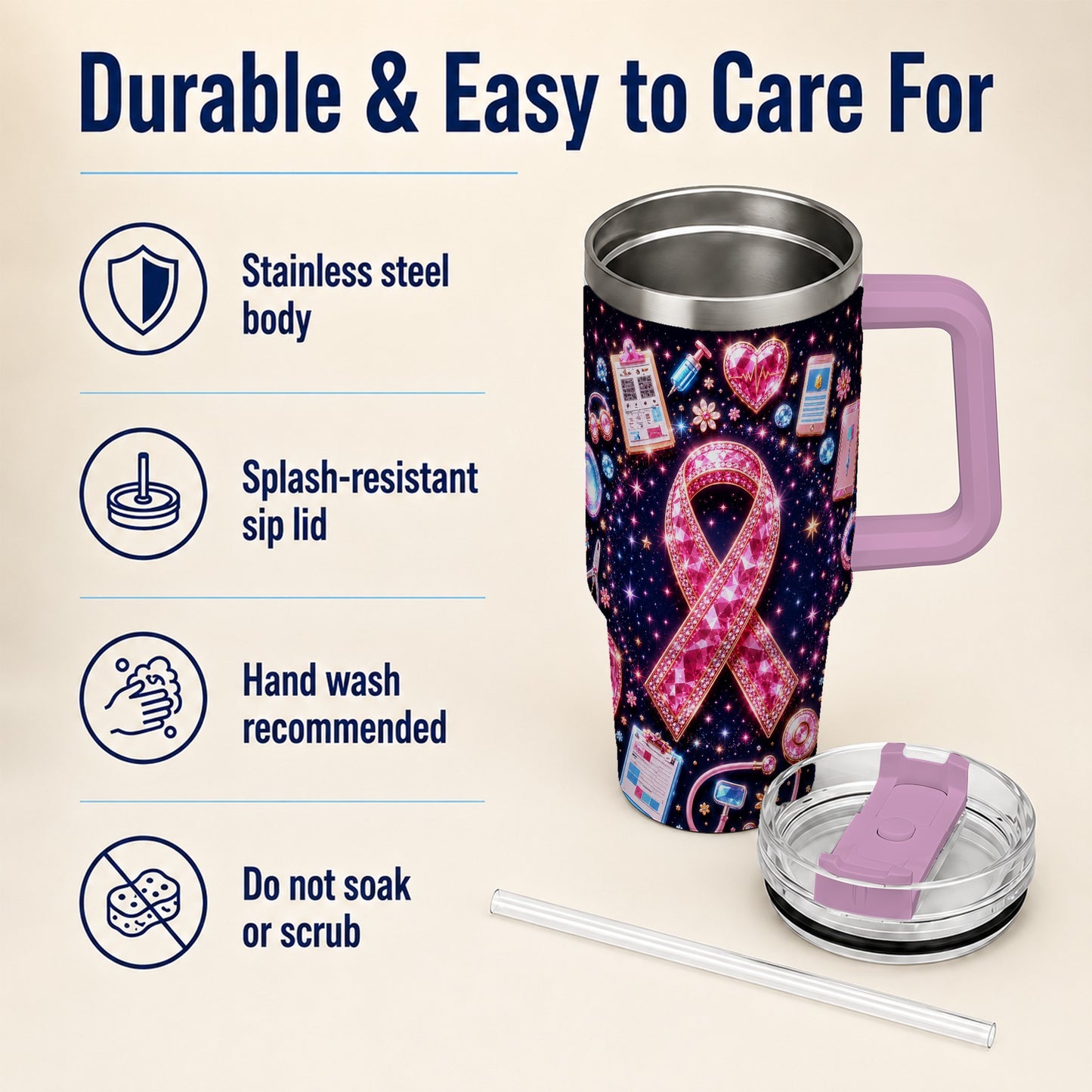 #pl[40oz|Pink] Pink Ribbon 40oz Tumbler with Handle, Medical Stainless Steel Travel Cup