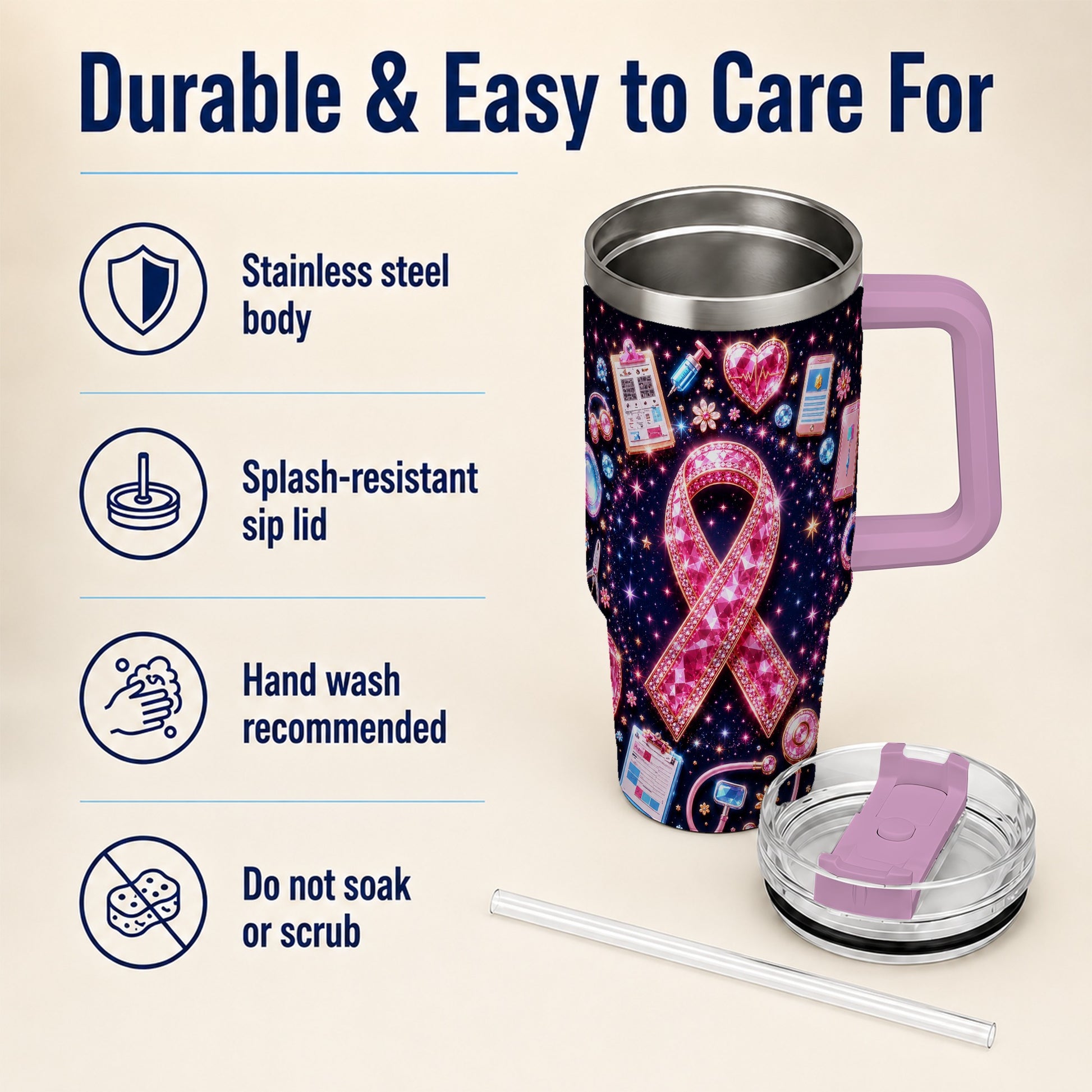 #pl[40oz|Pink] Pink Ribbon 40oz Tumbler with Handle, Medical Stainless Steel Travel Cup