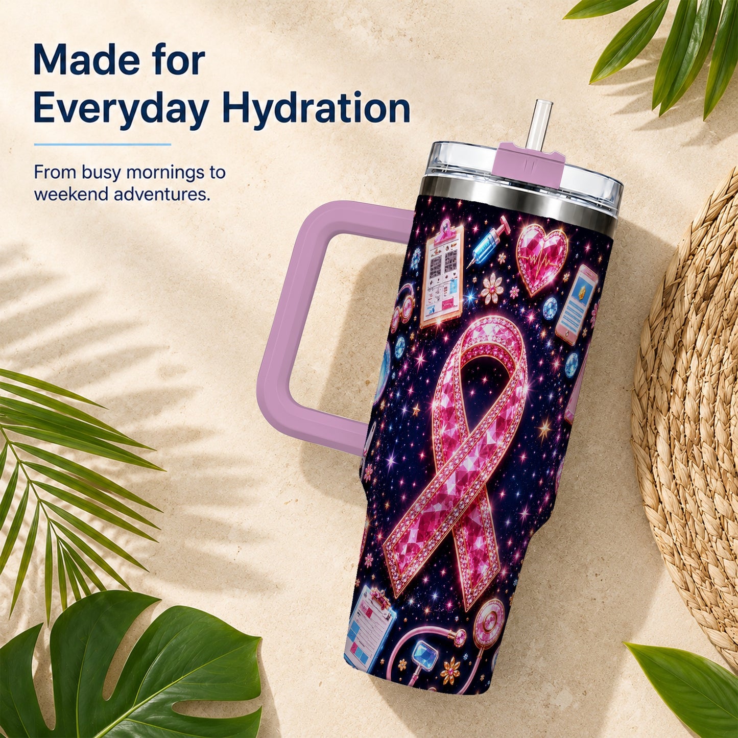 #pl[40oz|Pink] Pink Ribbon 40oz Tumbler with Handle, Medical Stainless Steel Travel Cup