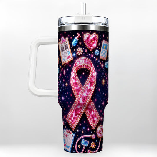 #pl[40oz|White] Pink Ribbon 40oz Tumbler with Handle, Medical Stainless Steel Travel Cup