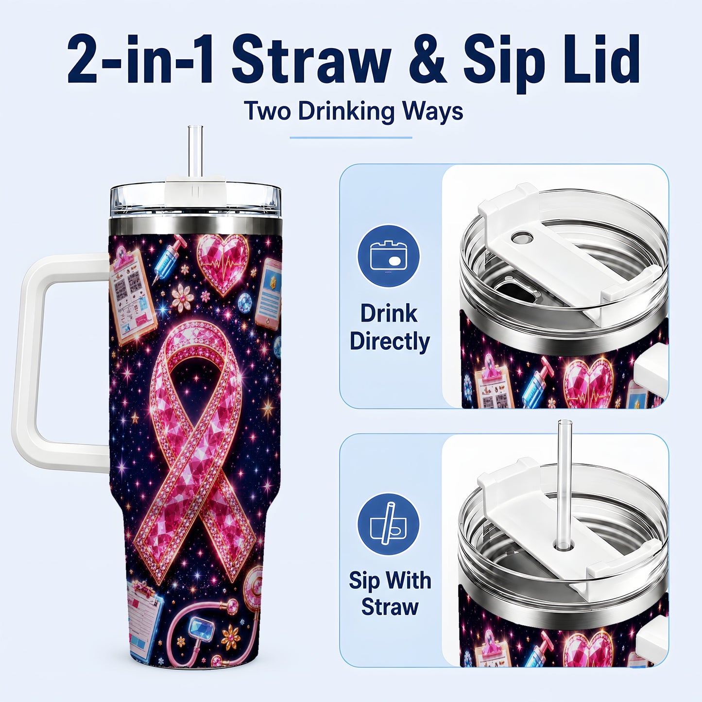 #pl[40oz|White] Pink Ribbon 40oz Tumbler with Handle, Medical Stainless Steel Travel Cup