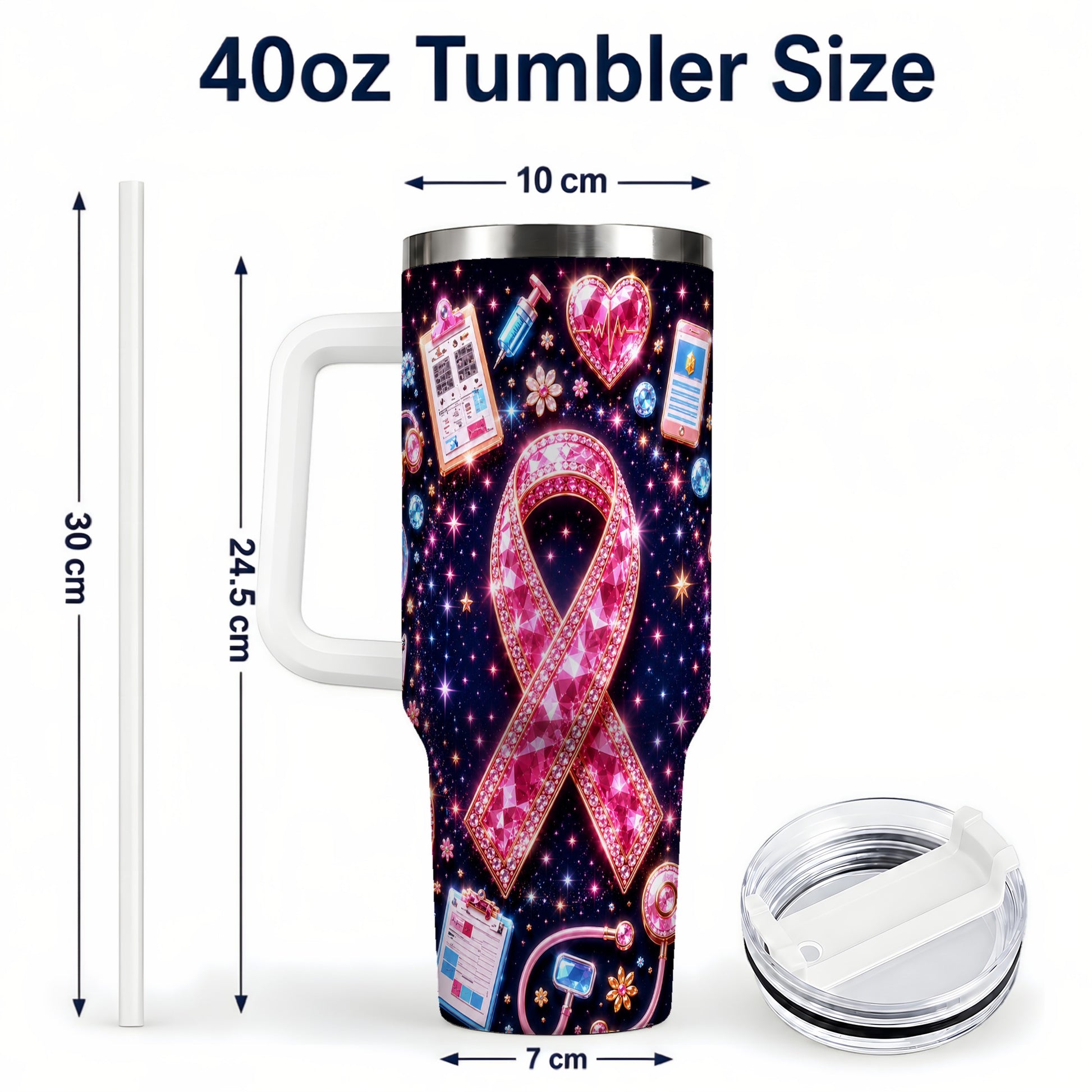 #pl[40oz|White] Pink Ribbon 40oz Tumbler with Handle, Medical Stainless Steel Travel Cup