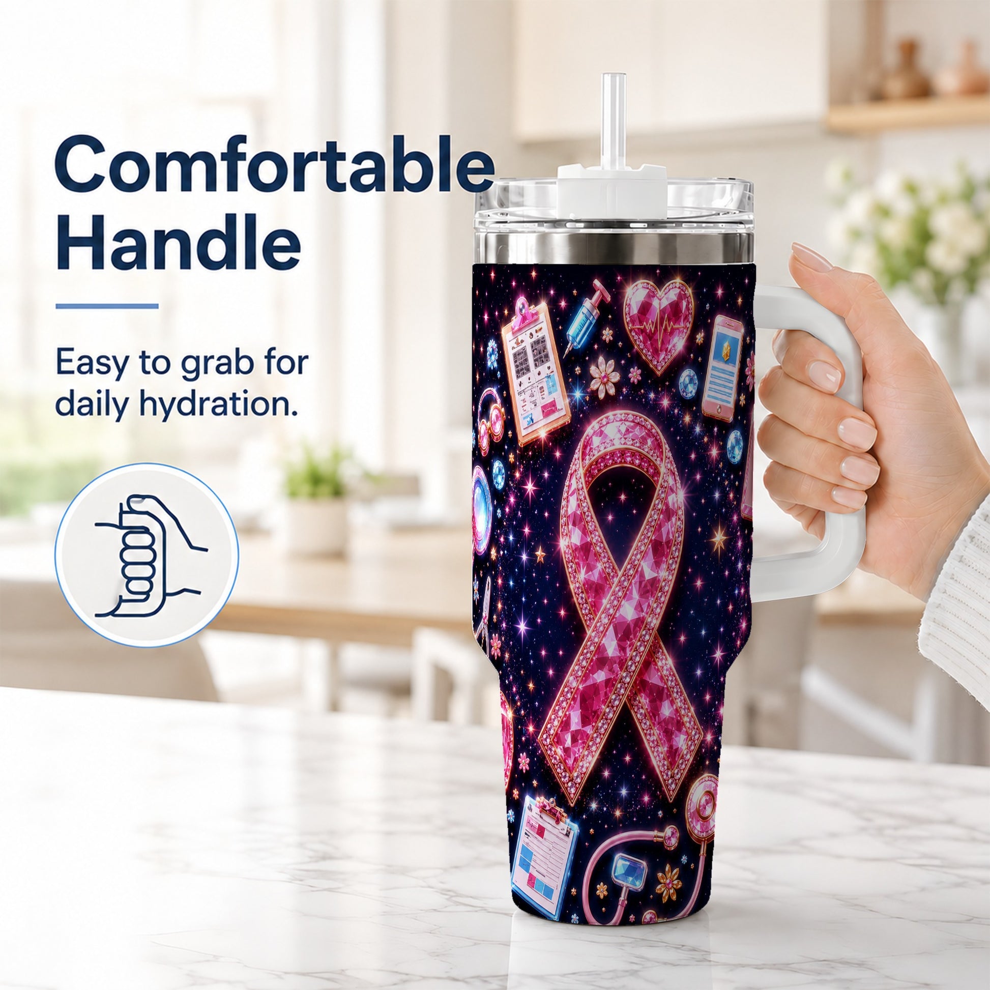#pl[40oz|White] Pink Ribbon 40oz Tumbler with Handle, Medical Stainless Steel Travel Cup