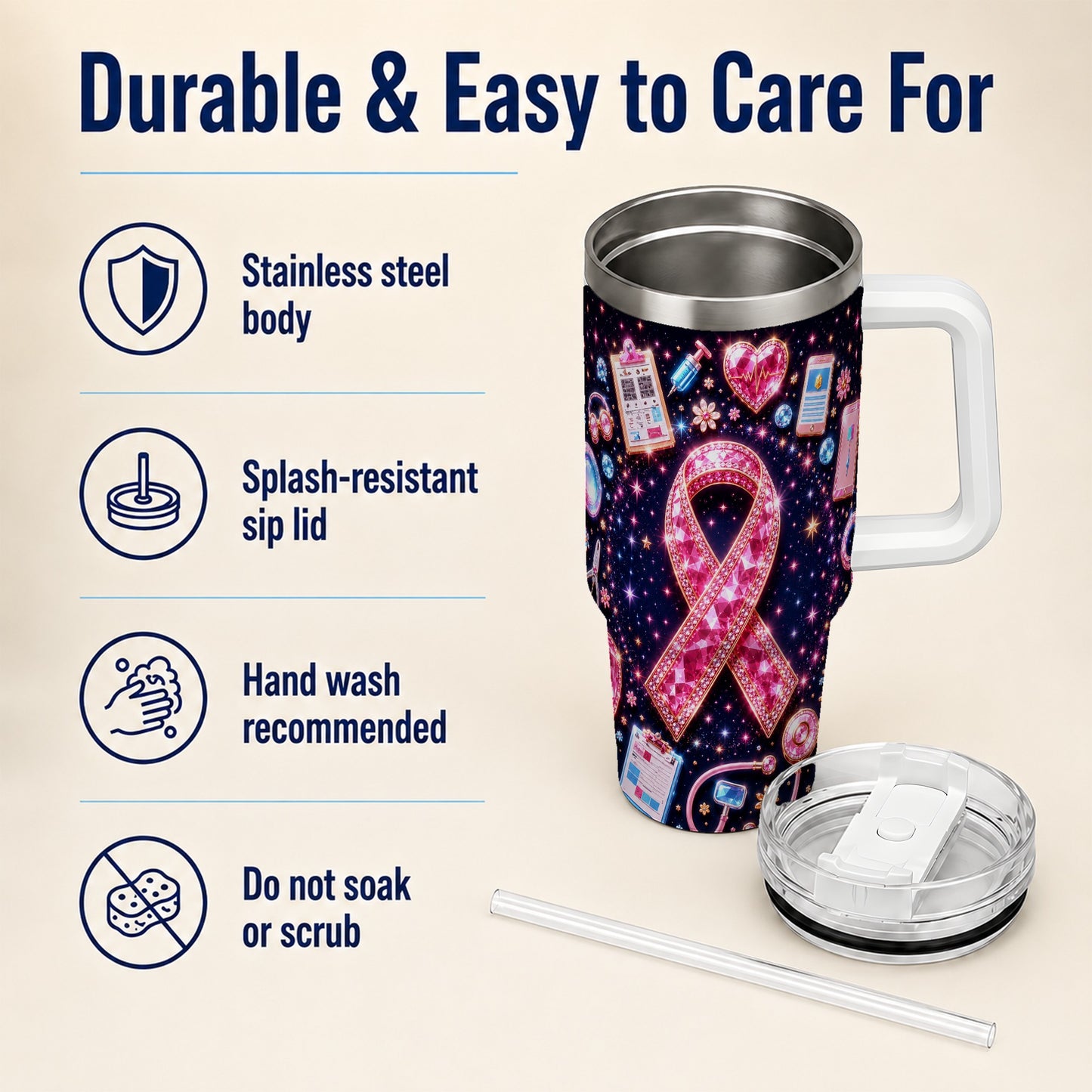 #pl[40oz|White] Pink Ribbon 40oz Tumbler with Handle, Medical Stainless Steel Travel Cup