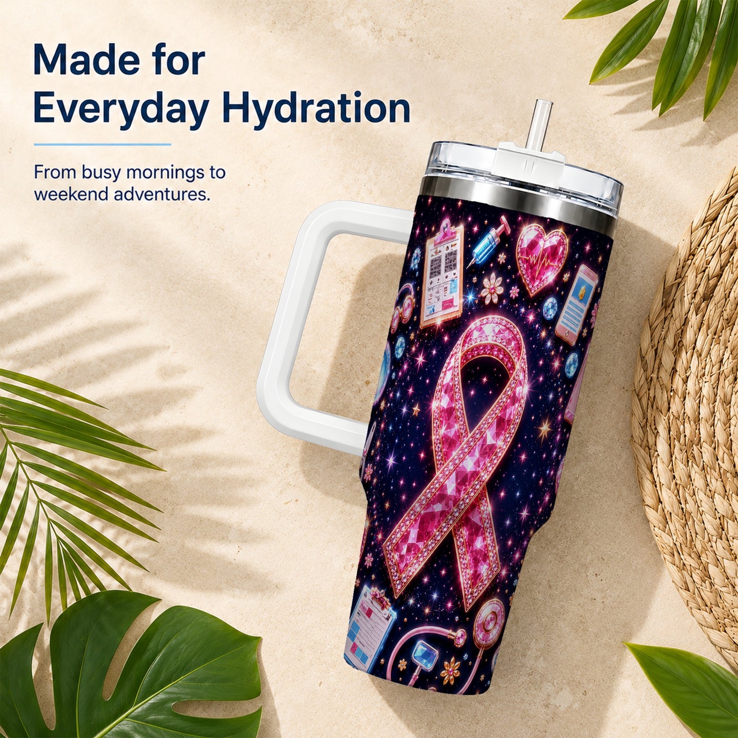 #pl[40oz|White] Pink Ribbon 40oz Tumbler with Handle, Medical Stainless Steel Travel Cup