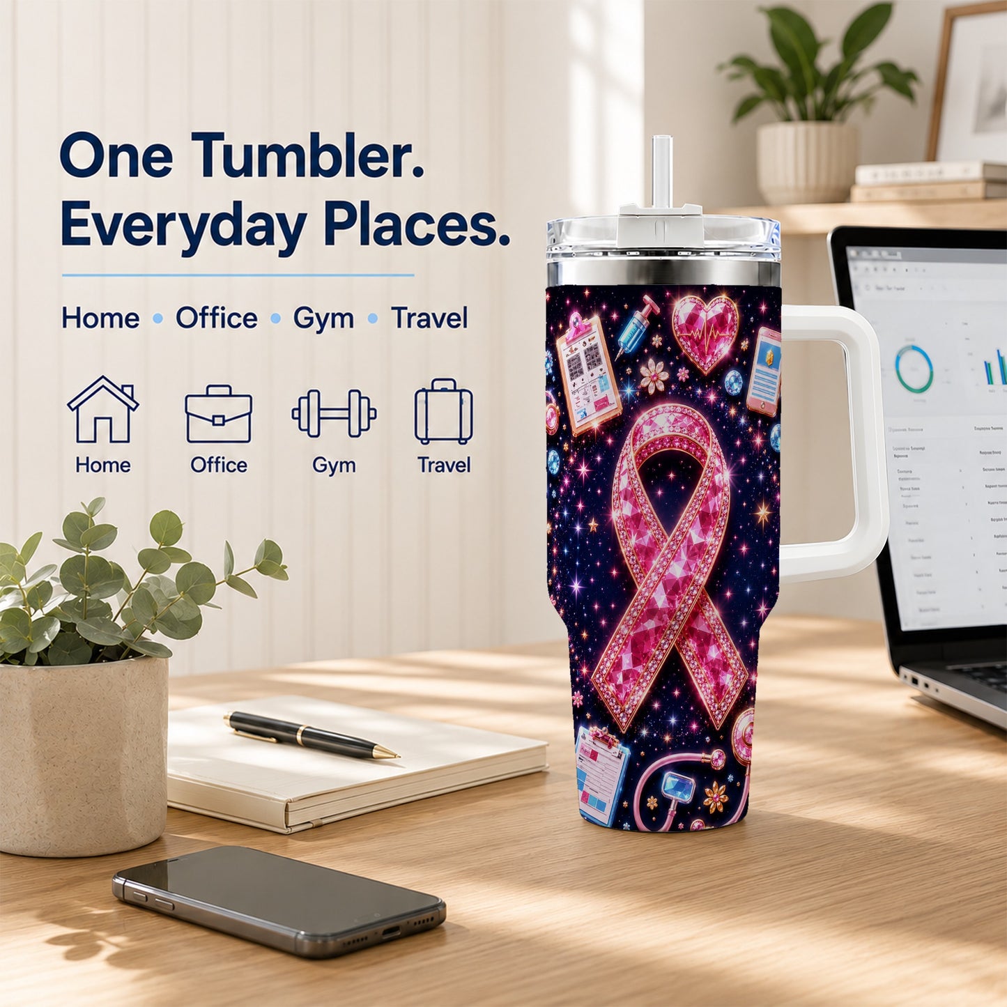 #pl[40oz|White] Pink Ribbon 40oz Tumbler with Handle, Medical Stainless Steel Travel Cup
