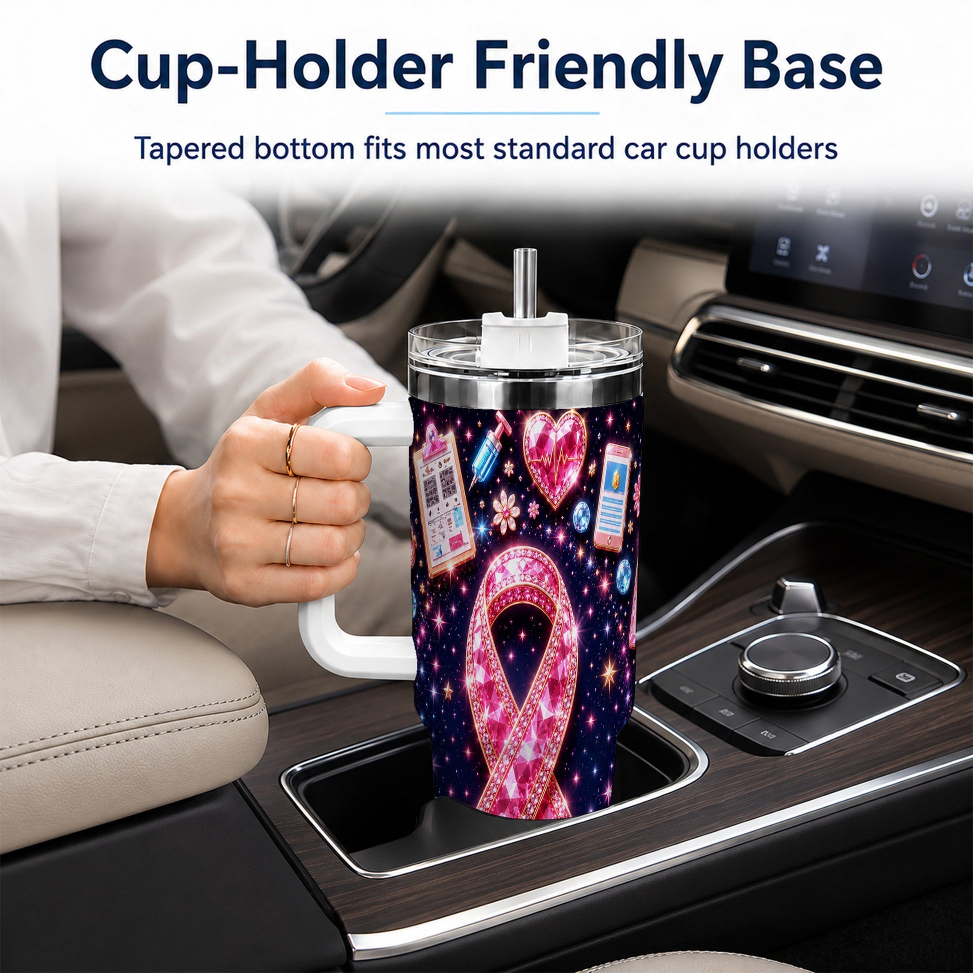 #pl[40oz|White] Pink Ribbon 40oz Tumbler with Handle, Medical Stainless Steel Travel Cup