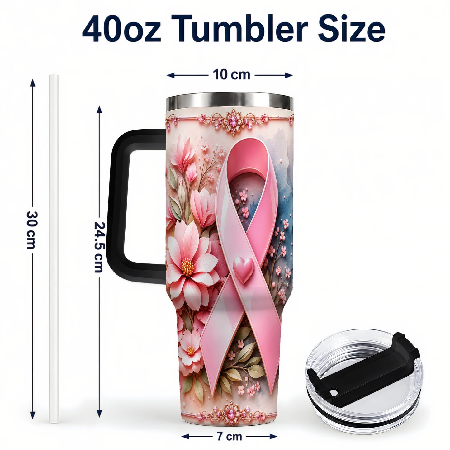 #pl[40oz|Black] Pink Ribbon 40oz Tumbler with Handle, Floral Stainless Steel Travel Cup